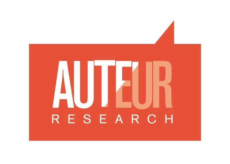 Logo for AUTEUR Research with a speech bubble in red, featuring large white and peach letters spelling 'AUTEUR' and smaller white letters spelling 'RESEARCH' below.