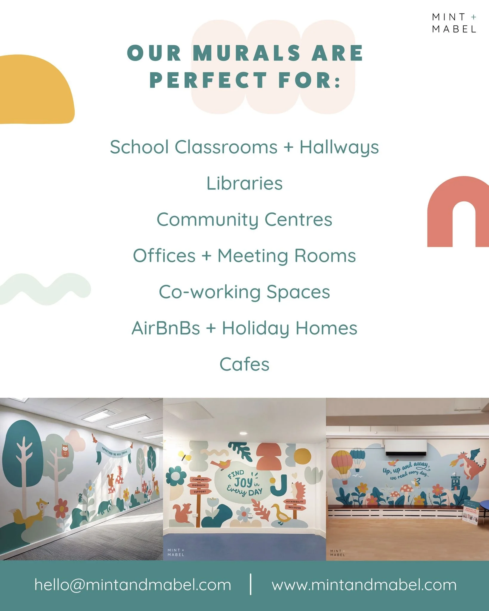 Let's work together!

Our murals are perfect for:
🎨 School Classrooms + Hallways
🎨 Libraries
🎨 Community Spaces
🎨 Offices + Meeting Rooms
🎨 Co-working Spaces
🎨 AirBnBs + Holiday Homes
🎨 Cafes

If you have a space you think would be perfect for