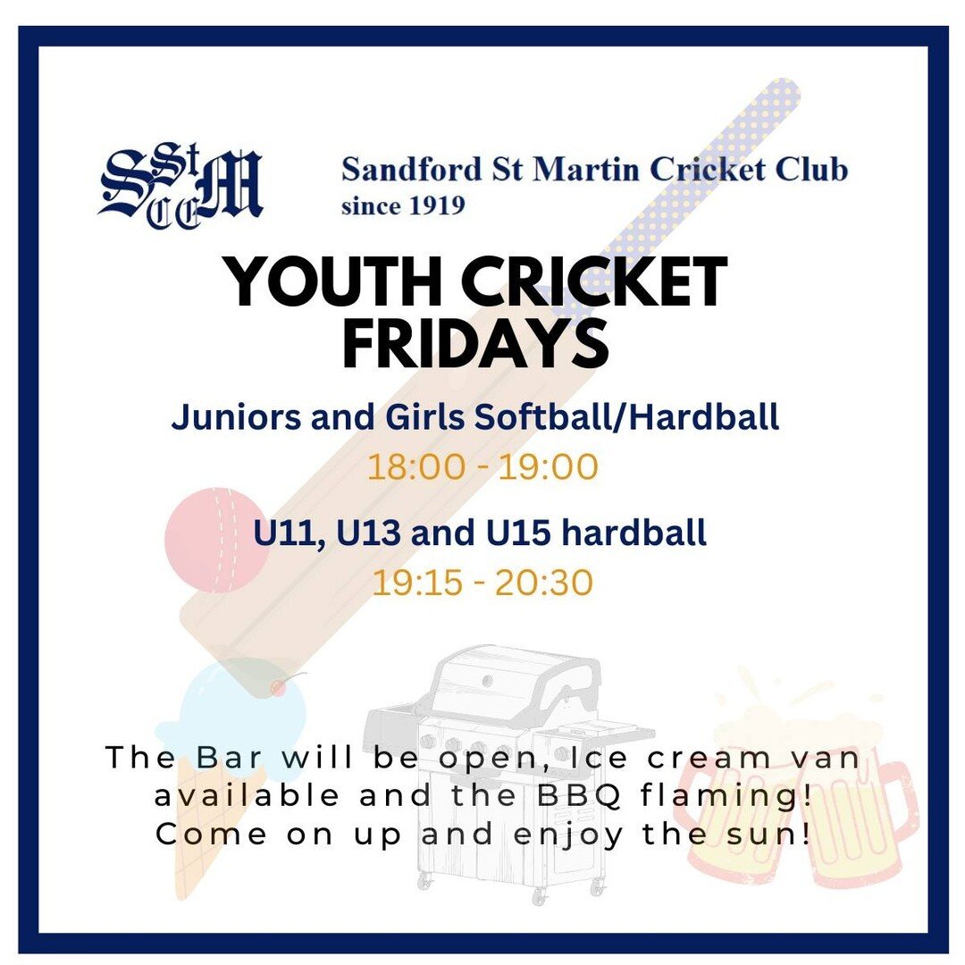 Youth Cricket Fridays tonight!

6:00pm - 7:00pm - Softball - Years 1-2, 3-4, 5-6 and Hardball U15s Girls
7:15pm - 8:30pm- Hardball - Years 5-6, 7-8 and 9-10

#cricket #sandfordstmartin #sandfordcricket #juniorcricket #cricketers #cricketclub #playcri