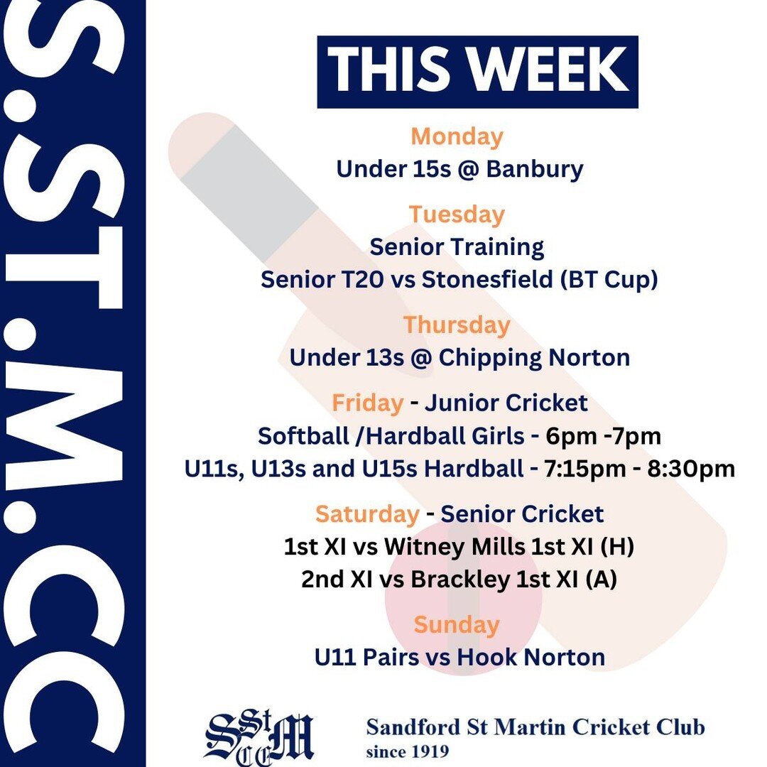 Another week, another full schedule for the club!

#cricket #sandfordstmartin #sandfordcricket #juniorcricket #cricketers #cricketclub #playcricket #cherwellcricketleague #oxfordshirecricket