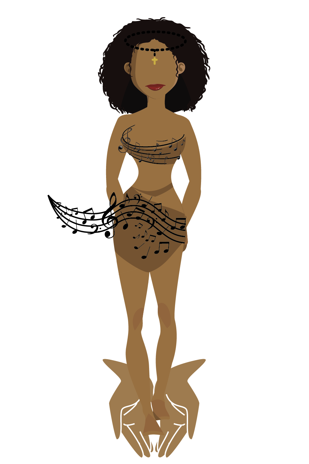 Illustration of a woman with curly hair, wearing a gold cross necklace, with musical notes on her body, standing on two hands against a black background.