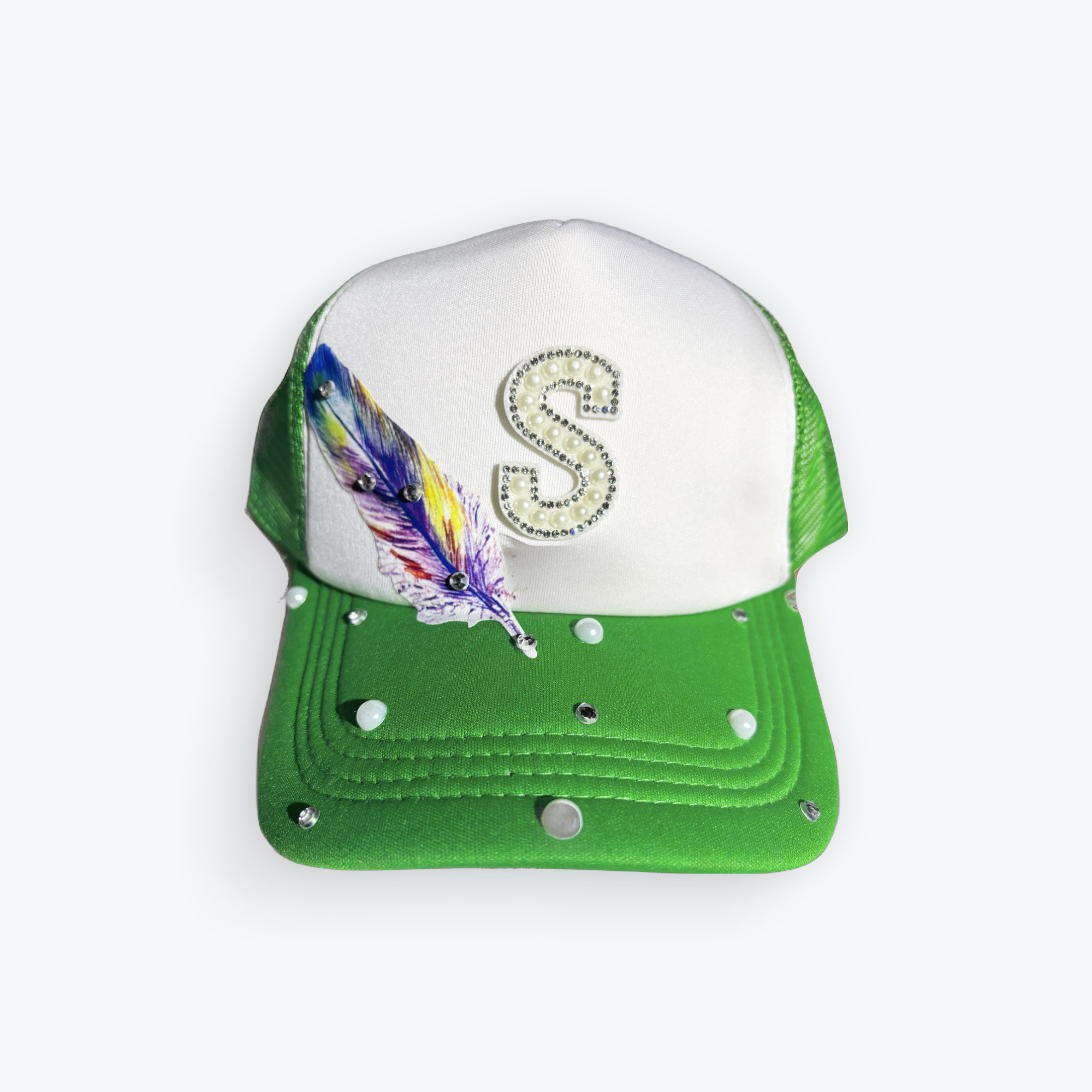 Rhinestone Initial Feather Cap