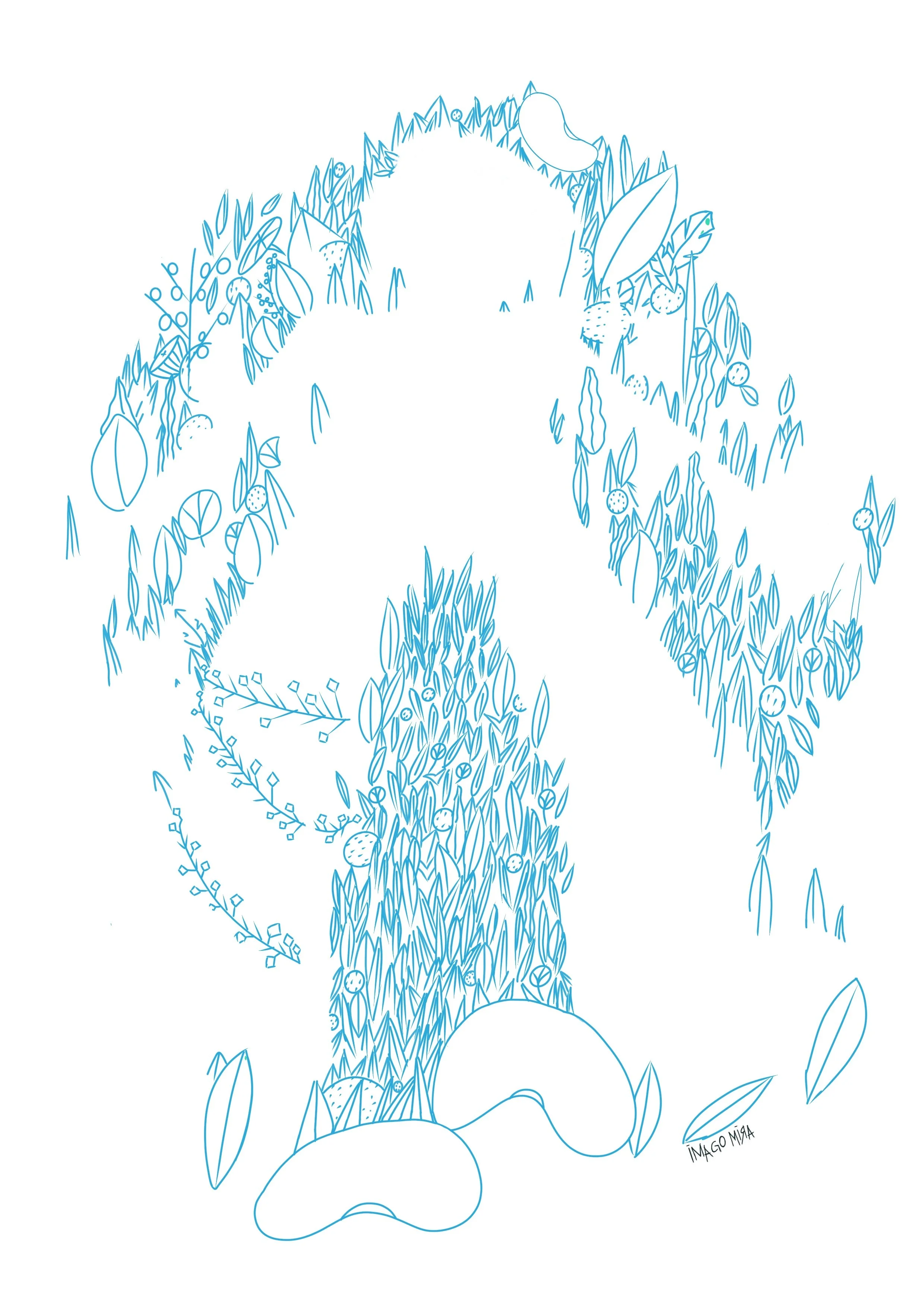 Illustration artistique composée de nombreux éléments végétaux dessinés en bleu, formant un motif complexe.