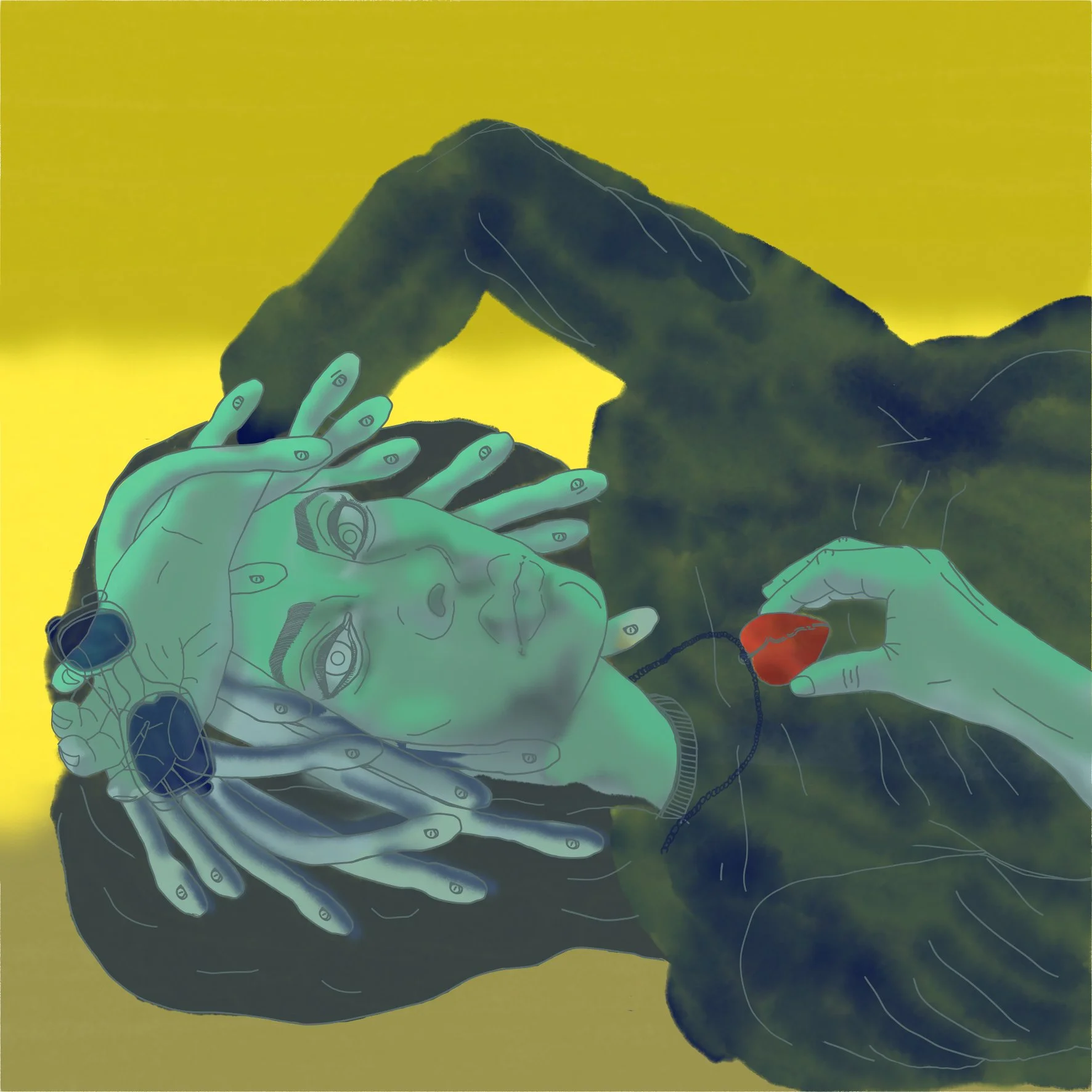 Une illustration  sur un fond jaune, d'une femme allongée,  des serpents à la place des cheveux,  une expression contemplative, avec un pull camouflage vert  des lunette à la main , tenant une un pendentif en forme de cœur dans sa main droite.