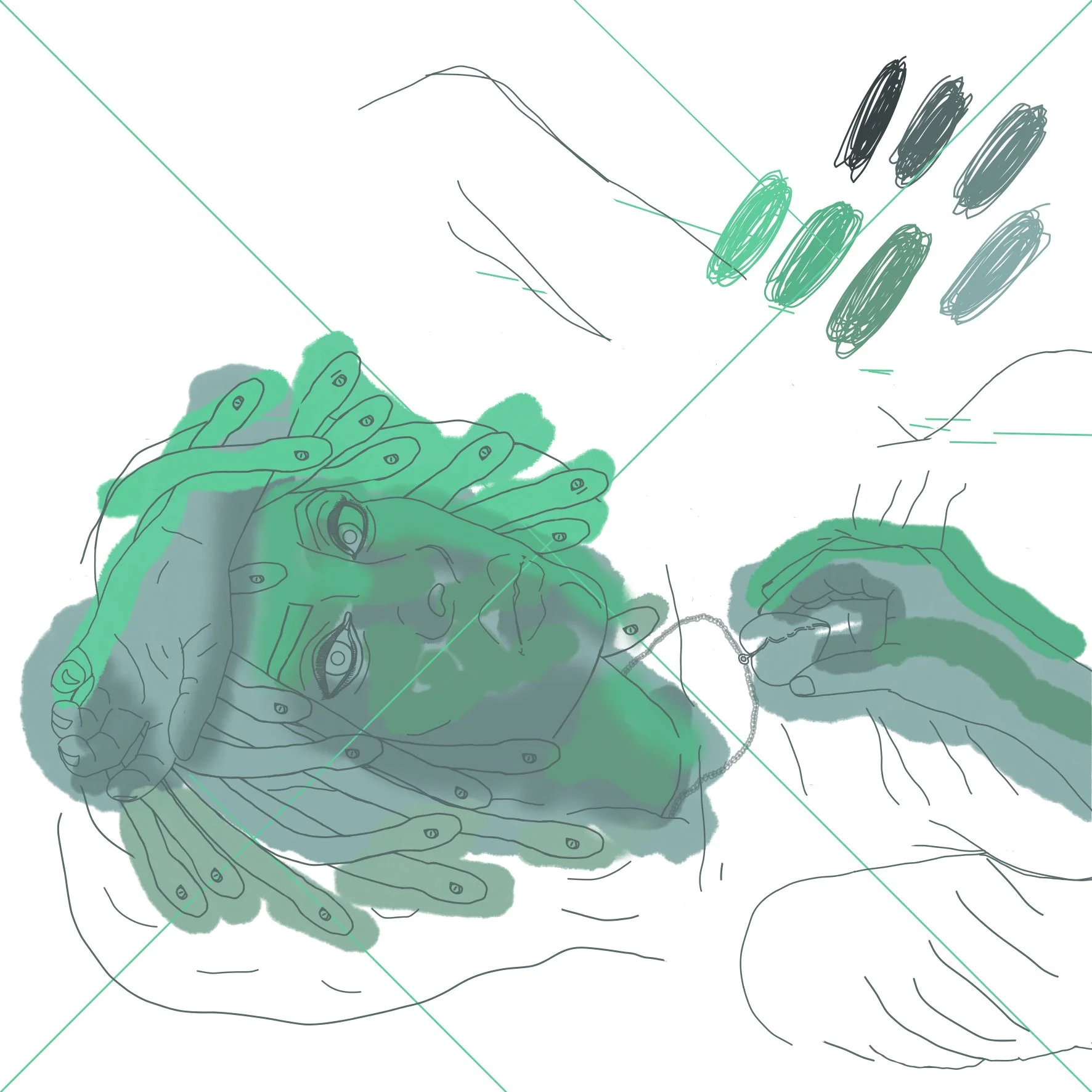 croquis, d'une femme allongée,  des serpents à la place des cheveux,  une expression contemplative, tenant une un pendentif en forme de cœur dans sa main droite.