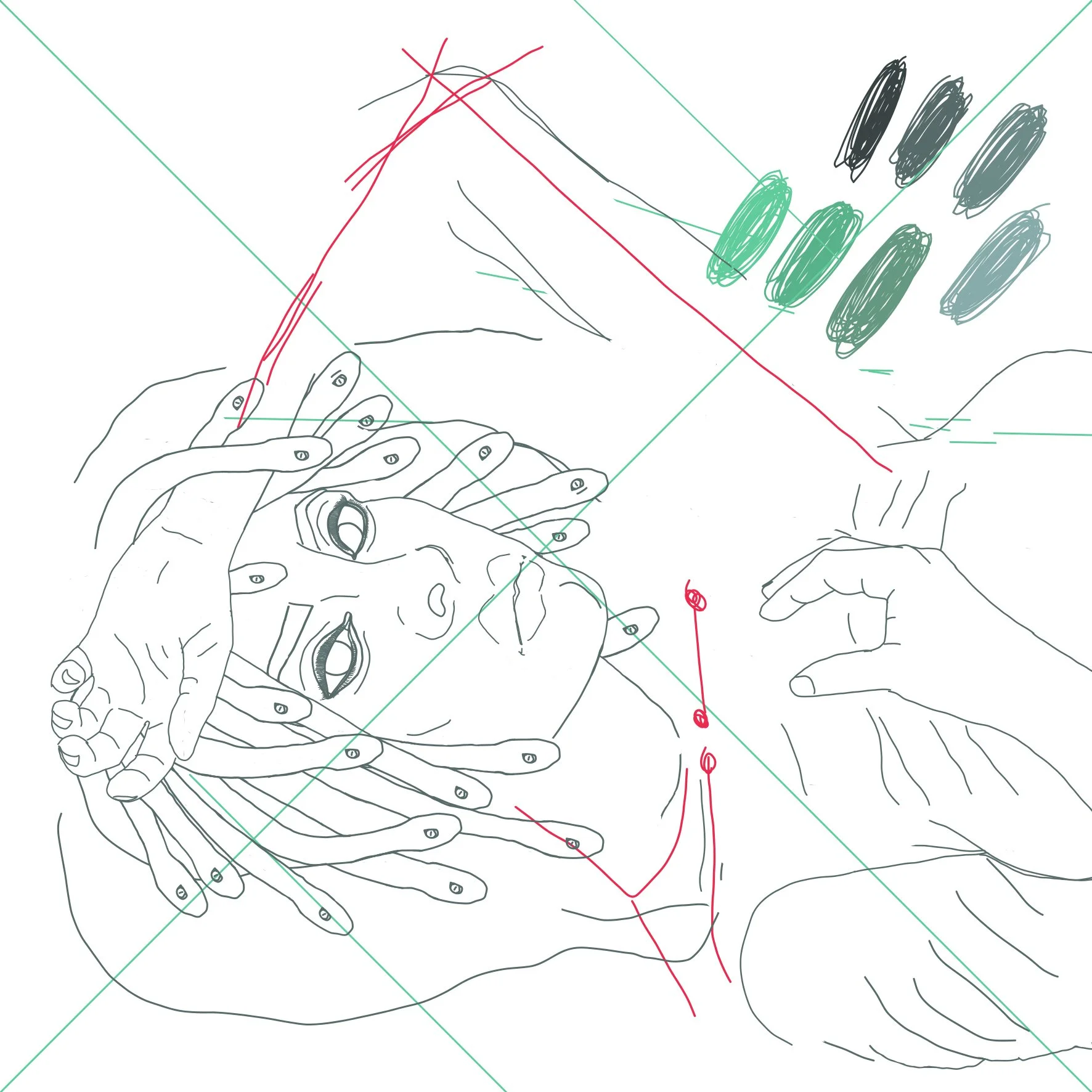 croquis, d'une femme allongée,  des serpents à la place des cheveux,  une expression contemplative, avec un pull , des lunette à la main , tenant une un pendentif en forme de cœur dans sa main droite.