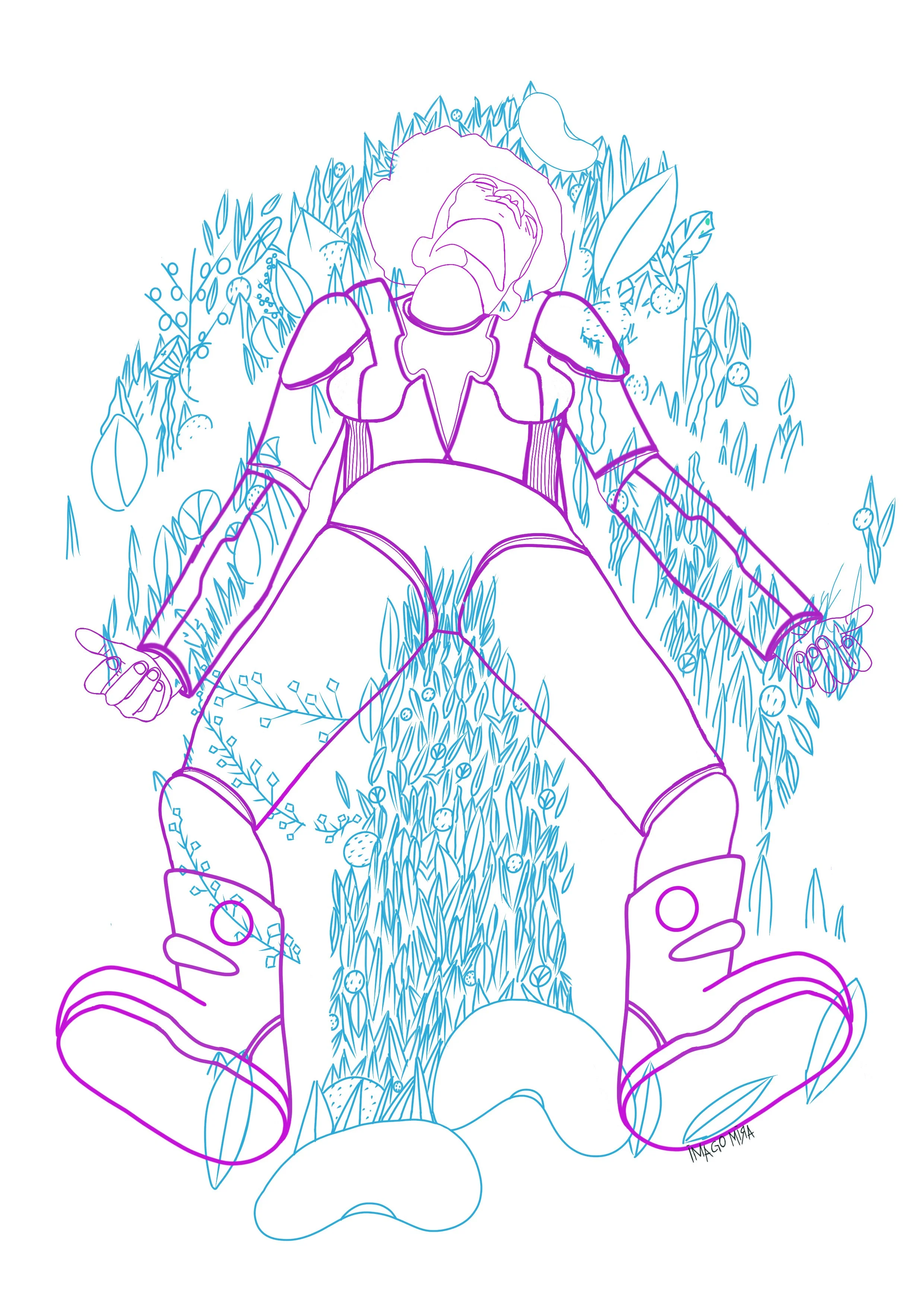 Une illustration de style dessin au trait représentant une personne en tenue de cosmonaute, allongée dans l'herbe, vue de dessous, entourée de végétation. L'artiste a utilisé des lignes de couleur violette, bleue et rose pour créer cette image.