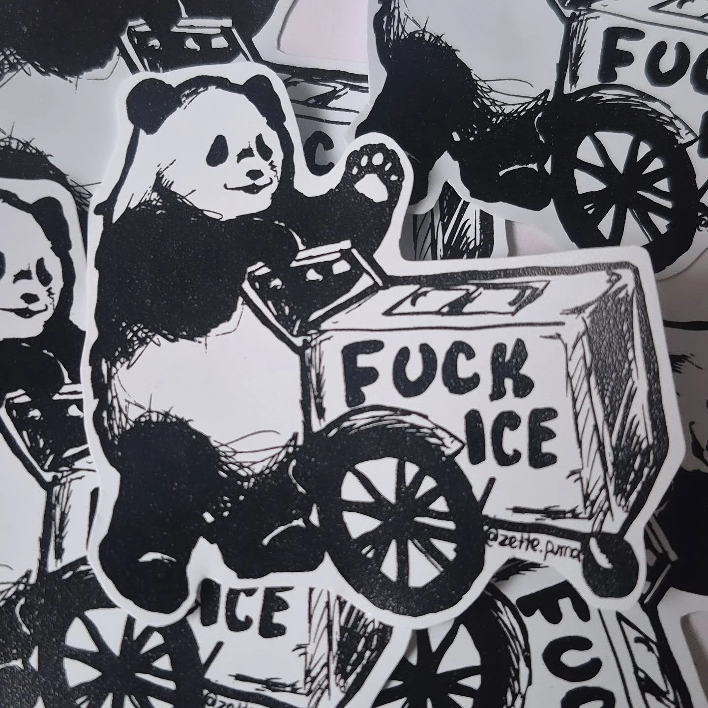 New stickers. Panda came back from space travels to let everyone know : Fuck Ice!