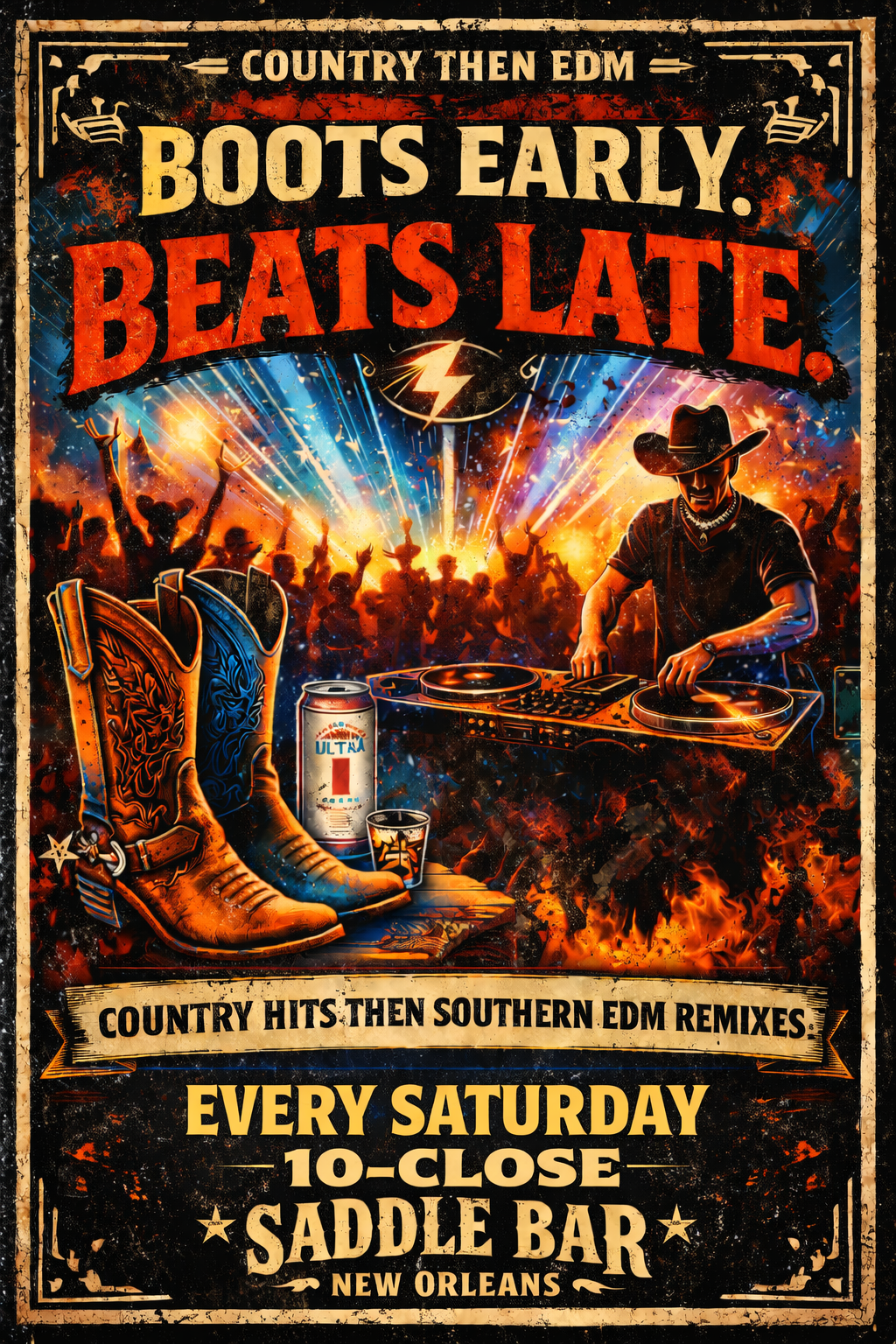 A promotional poster for a country and EDM music event featuring a DJ, cowboy boots, a can of beer, and a crowd dancing with fireworks in the background.
