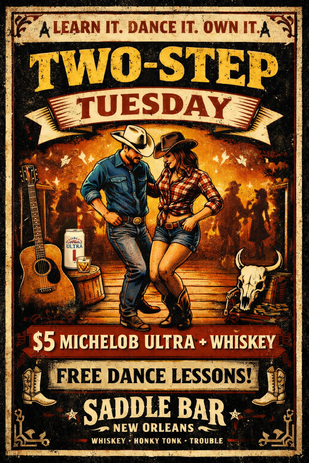 A vintage-style poster advertising a country dance event at the Saddle Bar in New Orleans with a western theme. It features a dancing couple in cowboy attire, surrounded by country-themed items like a guitar, a can of Michelob Ultra beer, a glass, a cow skull, and cowboy boots. The poster promotes $5 Michelob Ultra and whiskey, free dance lessons, and lists other beverages like whiskey, Hony Tonk, and Trouble.