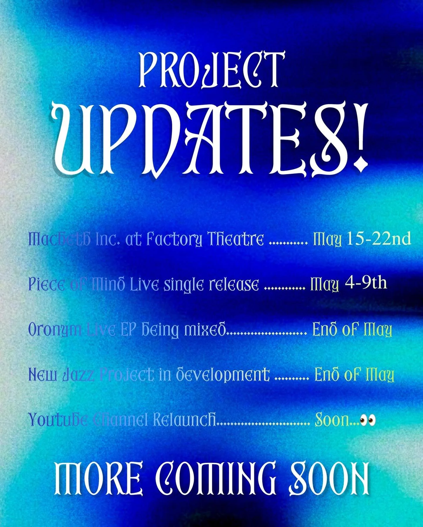 Some mini project updates as of this coming month!

Am graduating next week and am in the midst of Tech week prep for @macbethinc.play , so am pretty swamped.

But once Macbeth is on and running, I have a LOT to update you on&hellip; some very fun mu