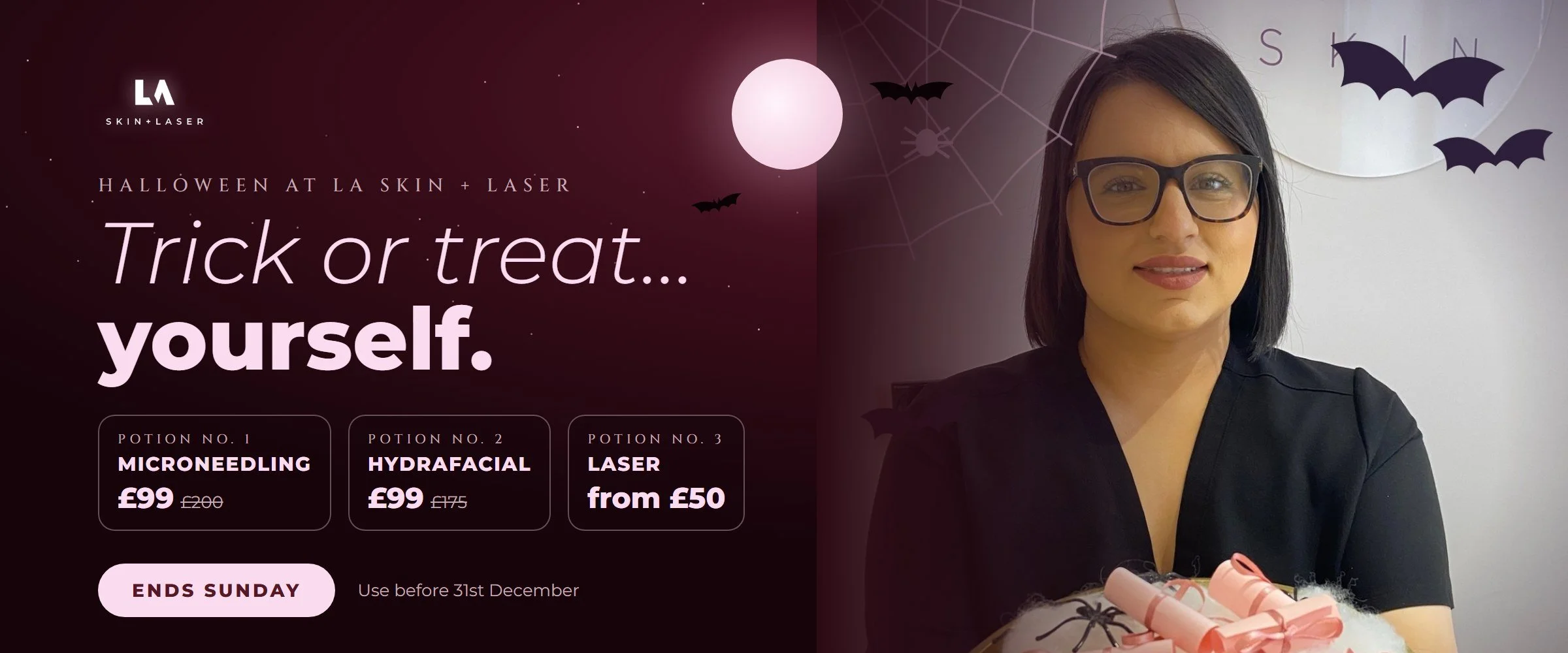 Halloween promotion for LA Skin + Laser featuring a woman with glasses holding a gift basket, with microneedling, hydrafacial, and laser treatment offers.