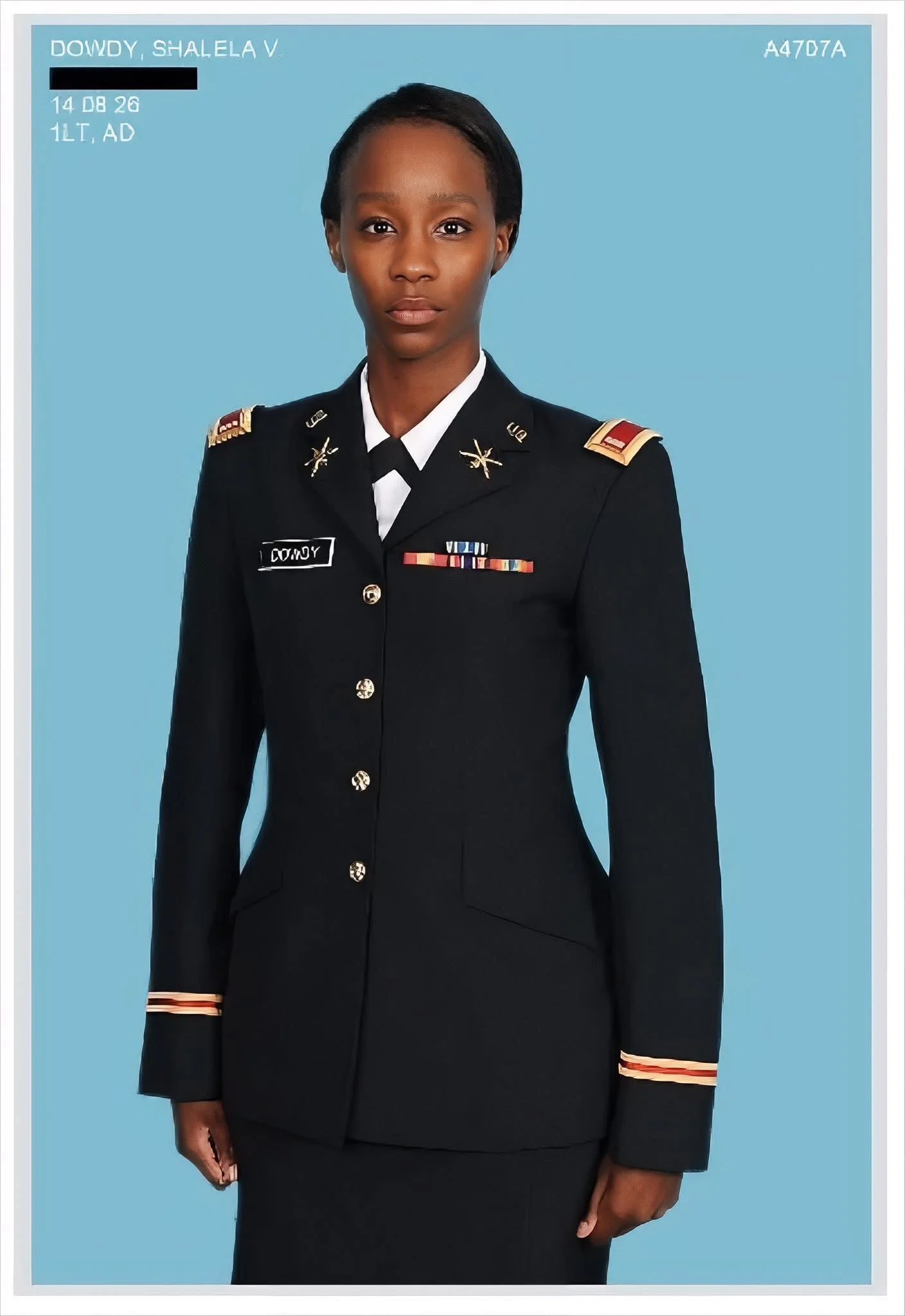 A woman in a military uniform standing against a blue background.