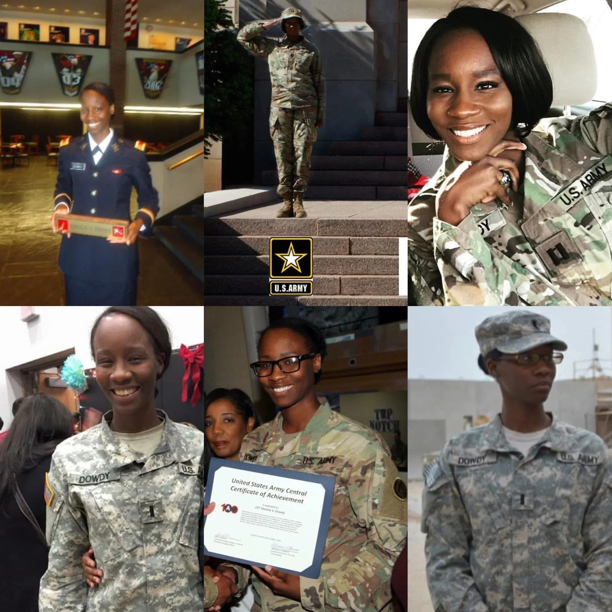 A collage of six women in various U.S. Army uniforms, including formal and combat attire, some holding certificates and smiling at events celebrating military achievement.