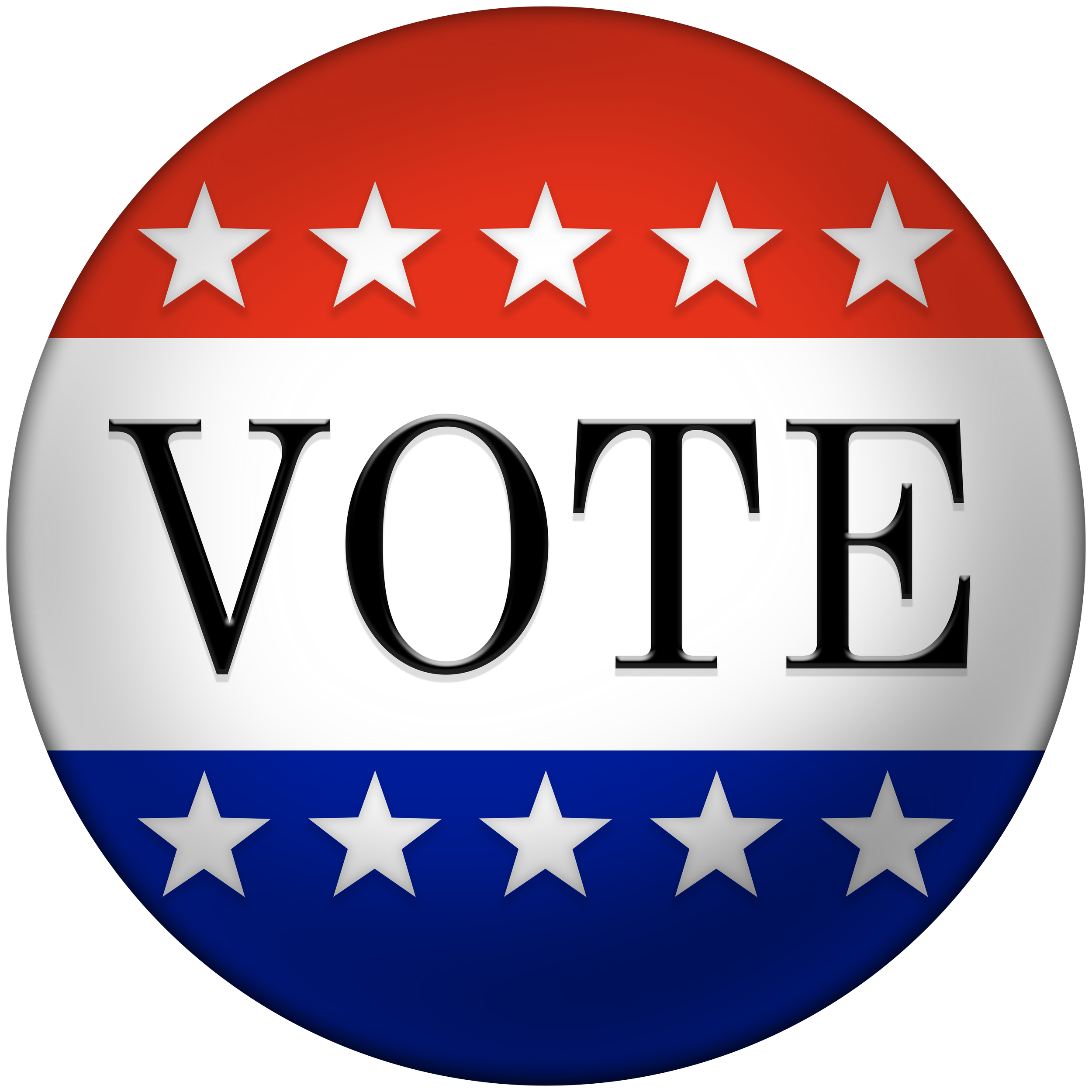 A circular political button with a red, white, and blue color scheme, featuring white stars on the red and blue sections, and the word 'VOTE' in bold black letters in the center.