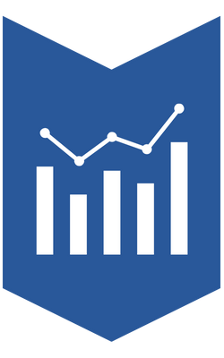A blue ribbon badge with a white line graph and bar chart icon in the center.