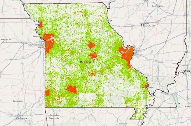 A map of Missouri showing various locations with data points in green and red, indicating different levels of a specific activity or measurement.