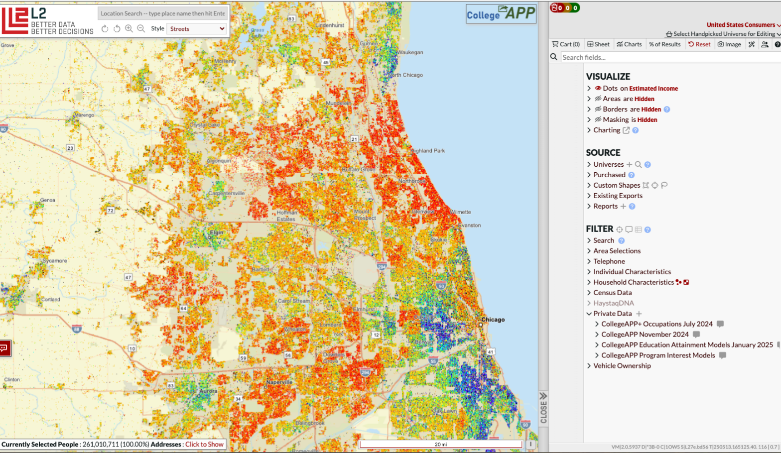 An example of the database with a map of the Chicago area showing various data points in different colors, with a legend and menus for filtering and viewing data on the right side of the screen.