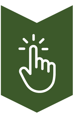 White outline of a hand with index finger pointing up, surrounded by lines indicating clicking or selecting, on a dark green background.