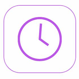 Icône d'une montre ou d'une horloge dans un carré noir avec une bordure arrondie, en couleur violette.
