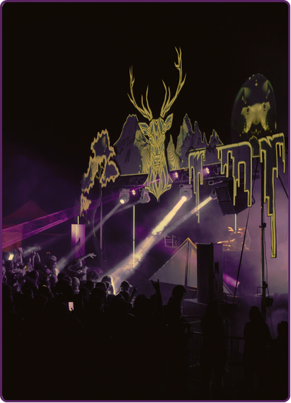 Une scène sombre avec un décor lumineux et un grand cerf avec des branches comme des cornes en arrière-plan, des effets de laser et un public regardant la scène.