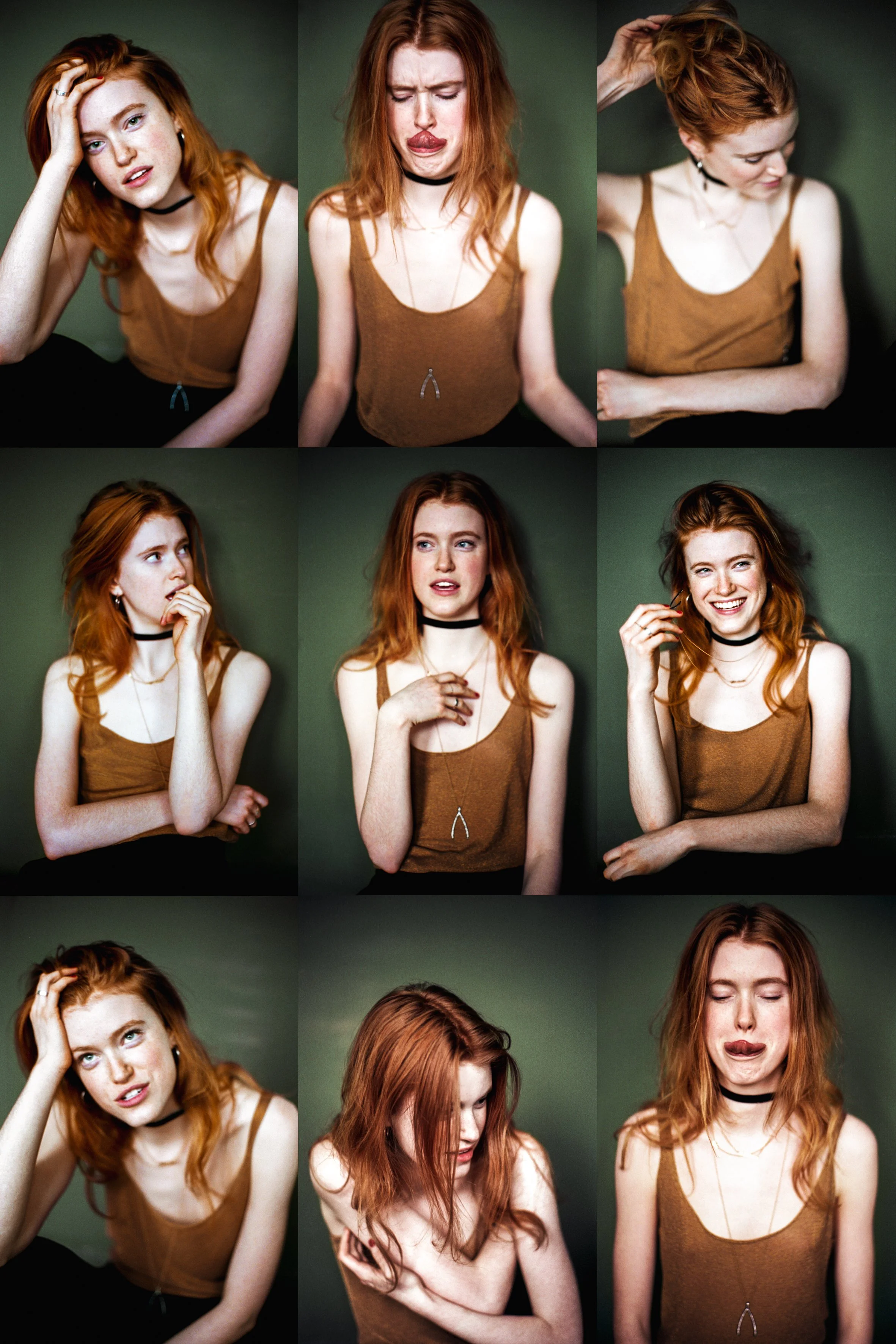 A collage of nine photos of a red-haired woman with freckles wearing a brown tank top, showing various facial expressions and poses against a green background.