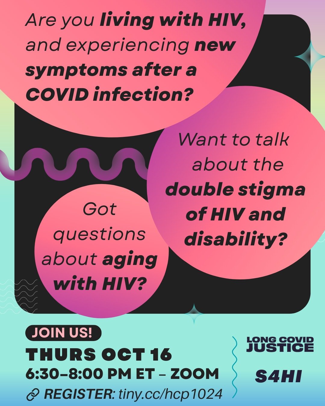 Are you living with HIV, and experiencing new symptoms after a COVID infection? Want to talk about the double stigma of HIV and disability? Got questions about aging with HIV?
Join us for an urgent conversation about disability justice and care for