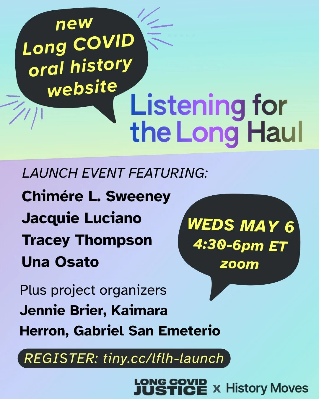 Join us on May 6 to celebrate the launch of Listening for the Long Haul, our new Long COVID oral history website! 

You&rsquo;ll hear from project organizers and participants about their experience in creating a community-centered, people&rsquo;s his
