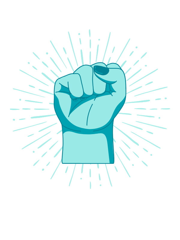 Illustration of aqua-toned raised fist with starburst rays behind it.