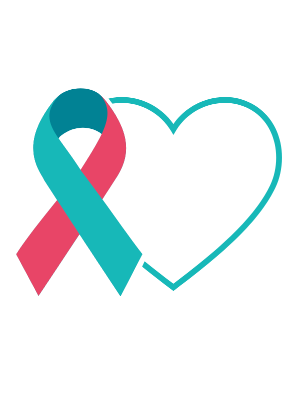 Illustration of an awareness ribbon in tones of red and teal, next to a teal heart.
