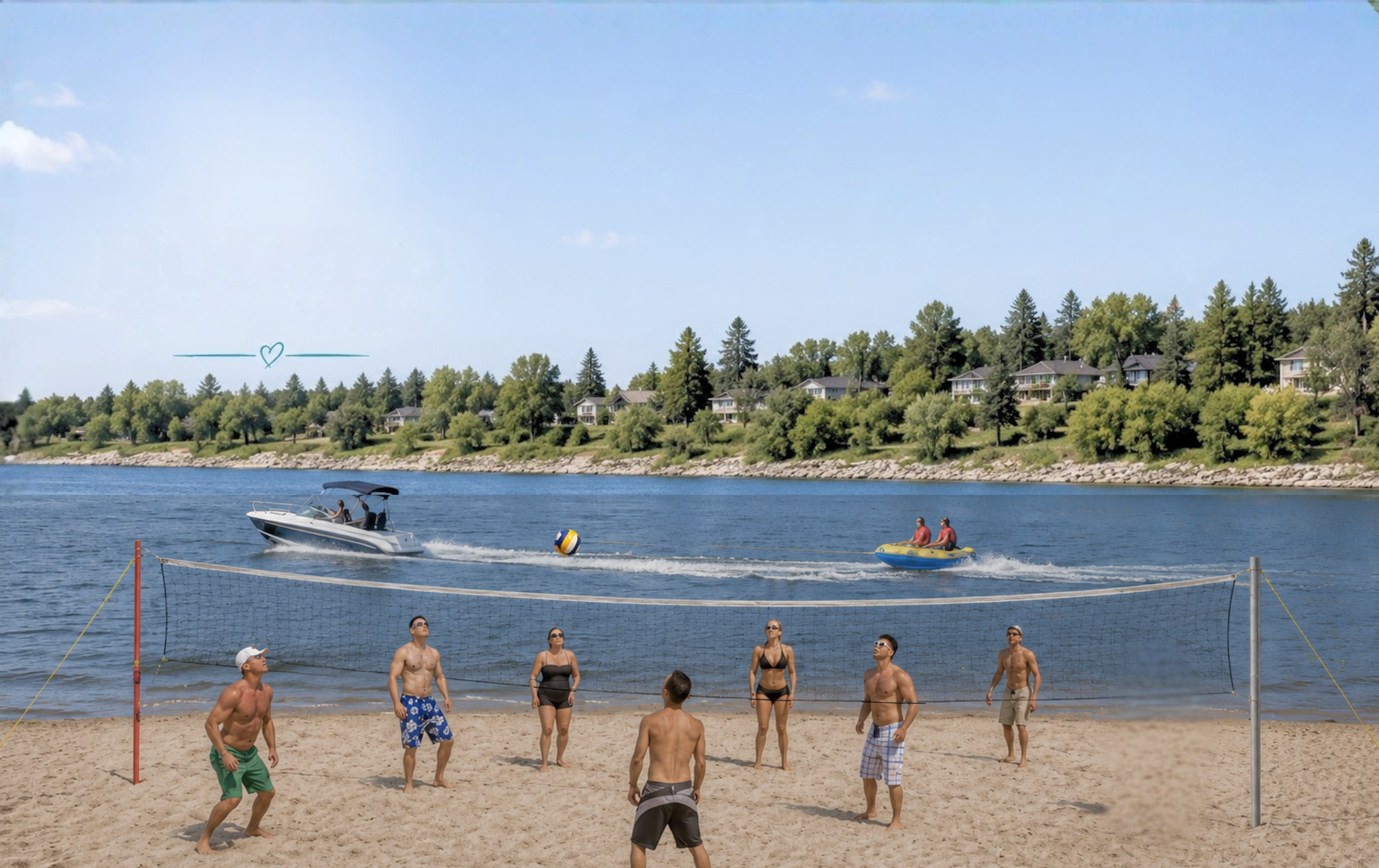Beach Volleyball and lake with boaters and tubing