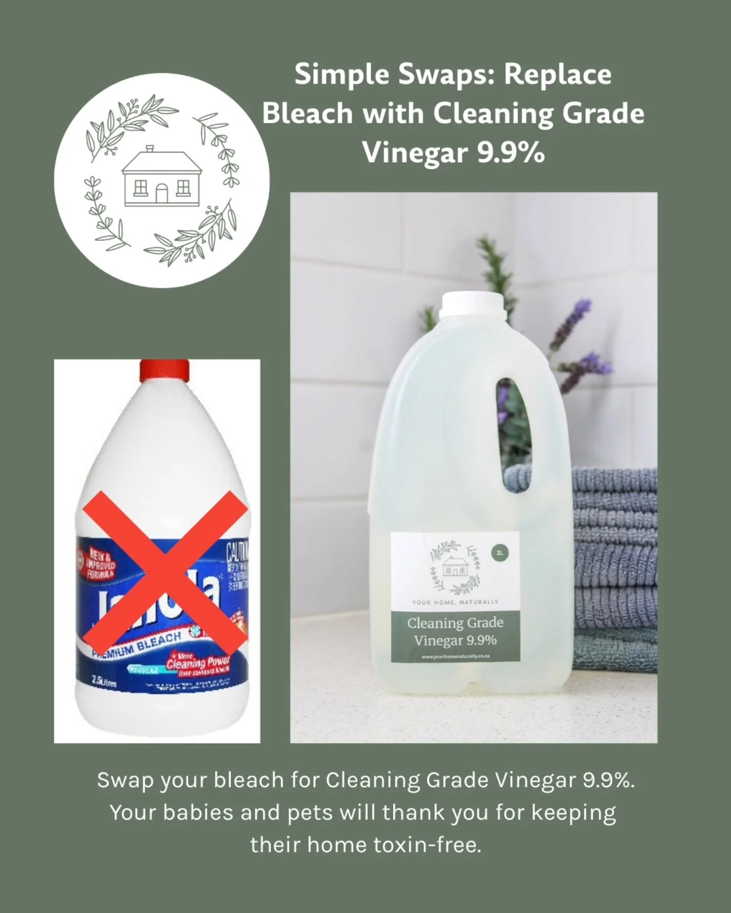 Simple Swaps: Replace Bleach with Cleaning Grade Vinegar 9.9%

Did you know most bleach products, like Janola Premium Bleach, have a very high alkaline pH of over 11? That makes them a strong, corrosive cleaner that needs to be handled with care, esp