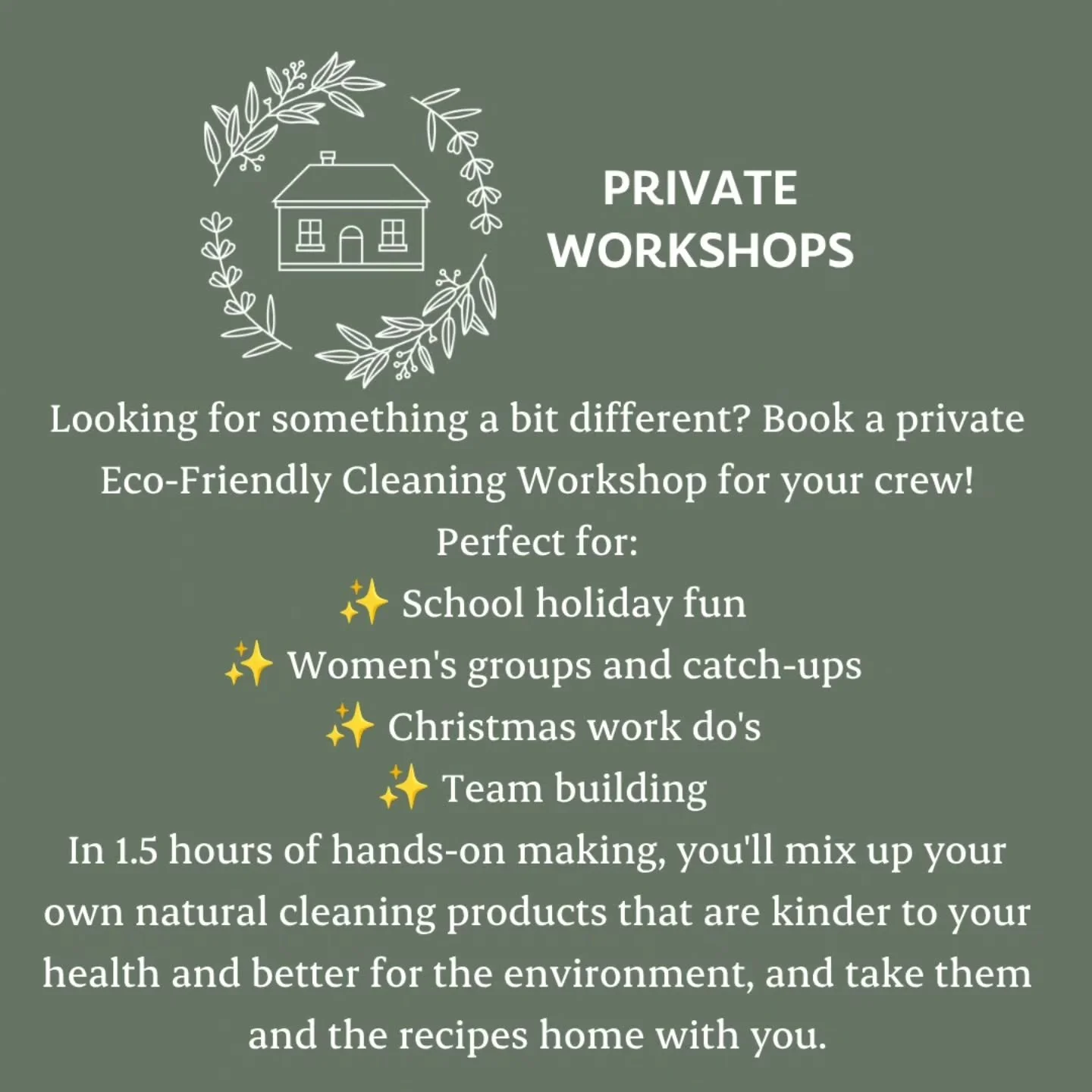 Private workshops: October &amp; November 🌿

Got a group of friends, a mums' group, work colleagues or whānau who'd love to learn how to make their own natural cleaning products? Book a private workshop at my Production Studio in Inglewood, on a dat
