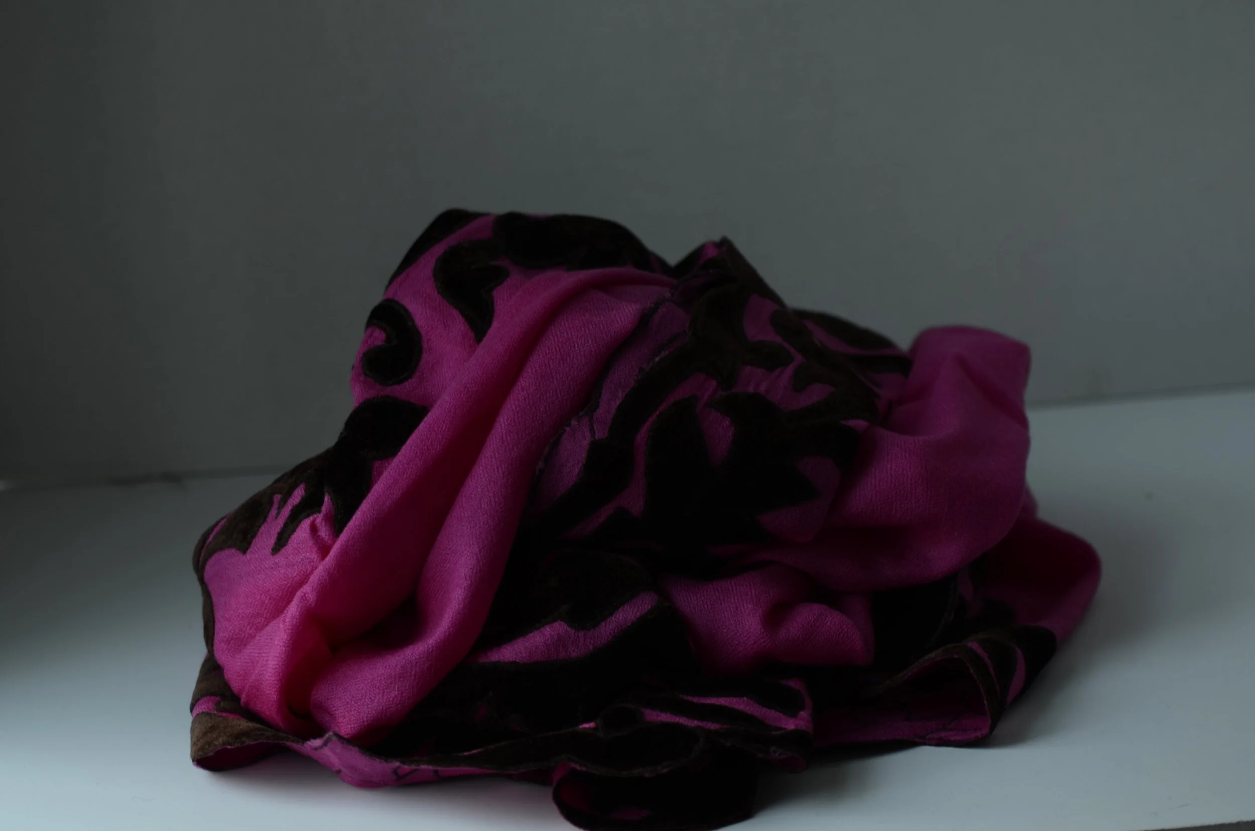 Pink and Black Pure Cashmere and Velvet Vibrant Floral Cutout Shawl - Portrait