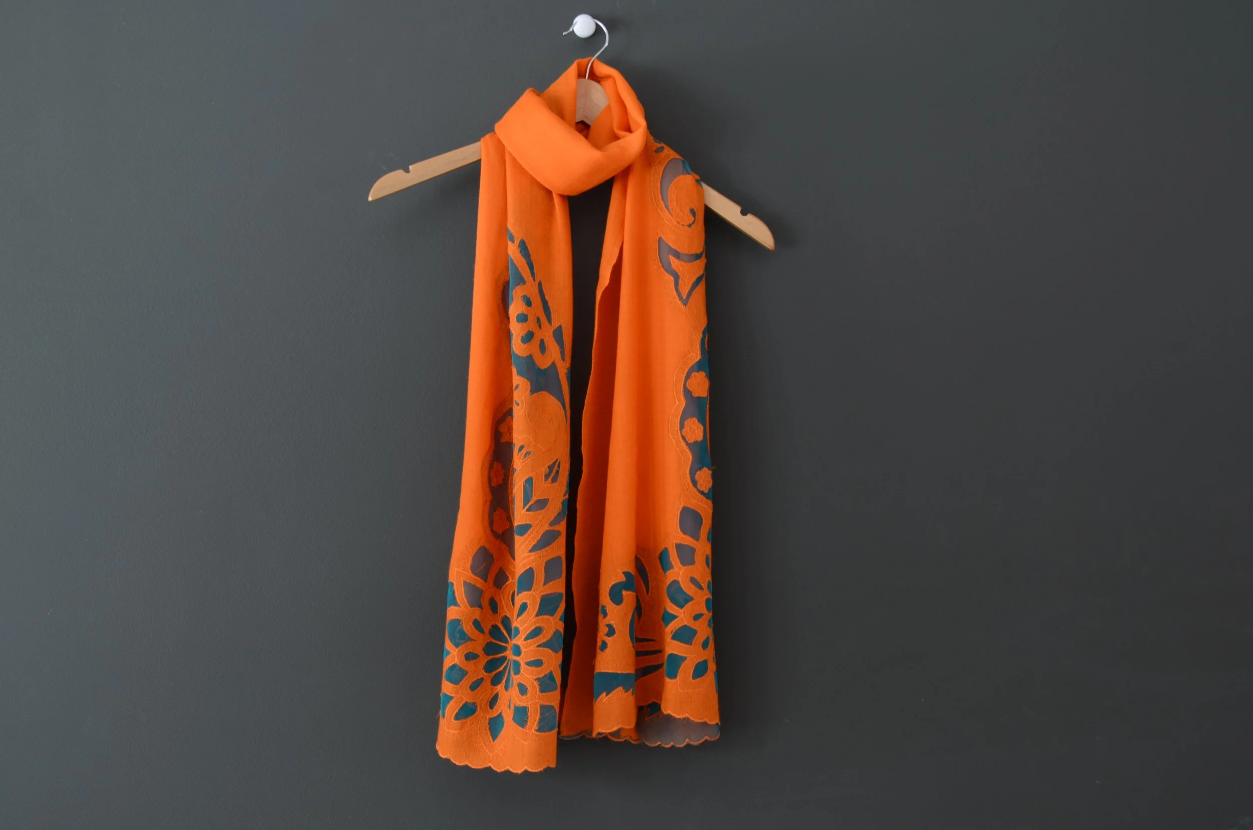 Orange and Blue Pure Cashmere Cutwork Design Shawl - Landscape