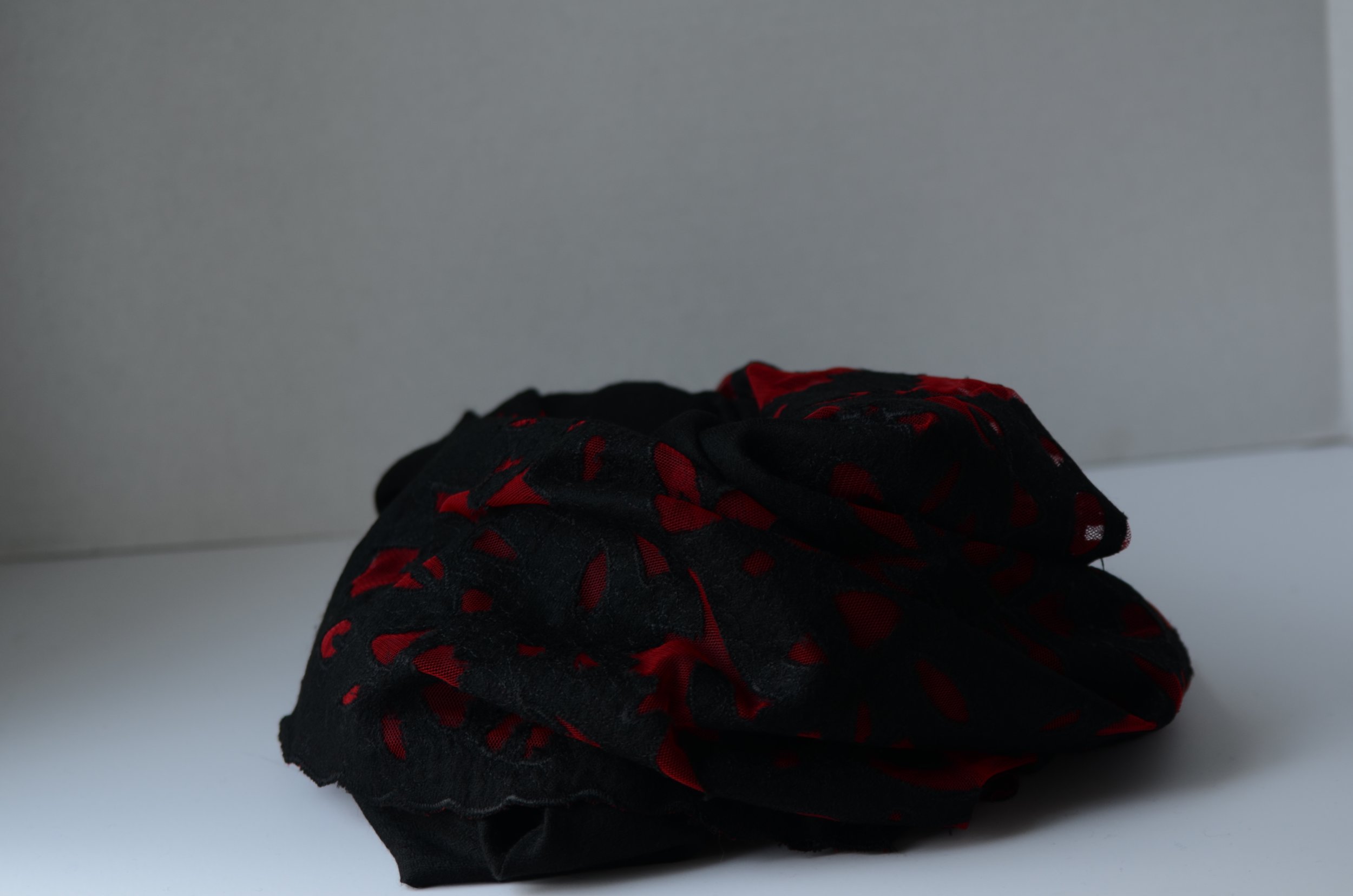 Red and Black Pure Cashmere and Velvet Vibrant Floral Cutout Shawl - Portrait