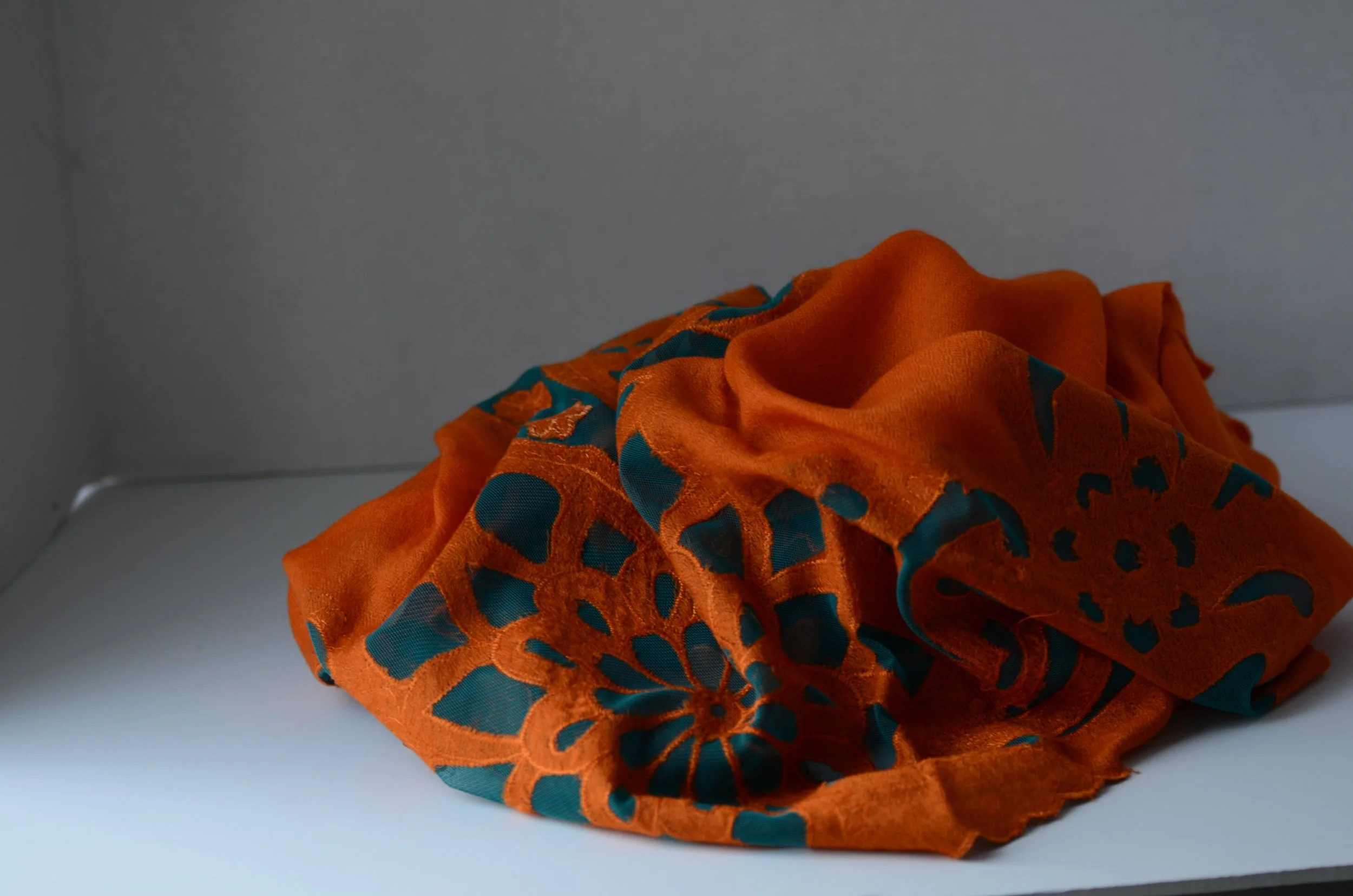 Orange and Blue Pure Cashmere Cutwork Design Shawl