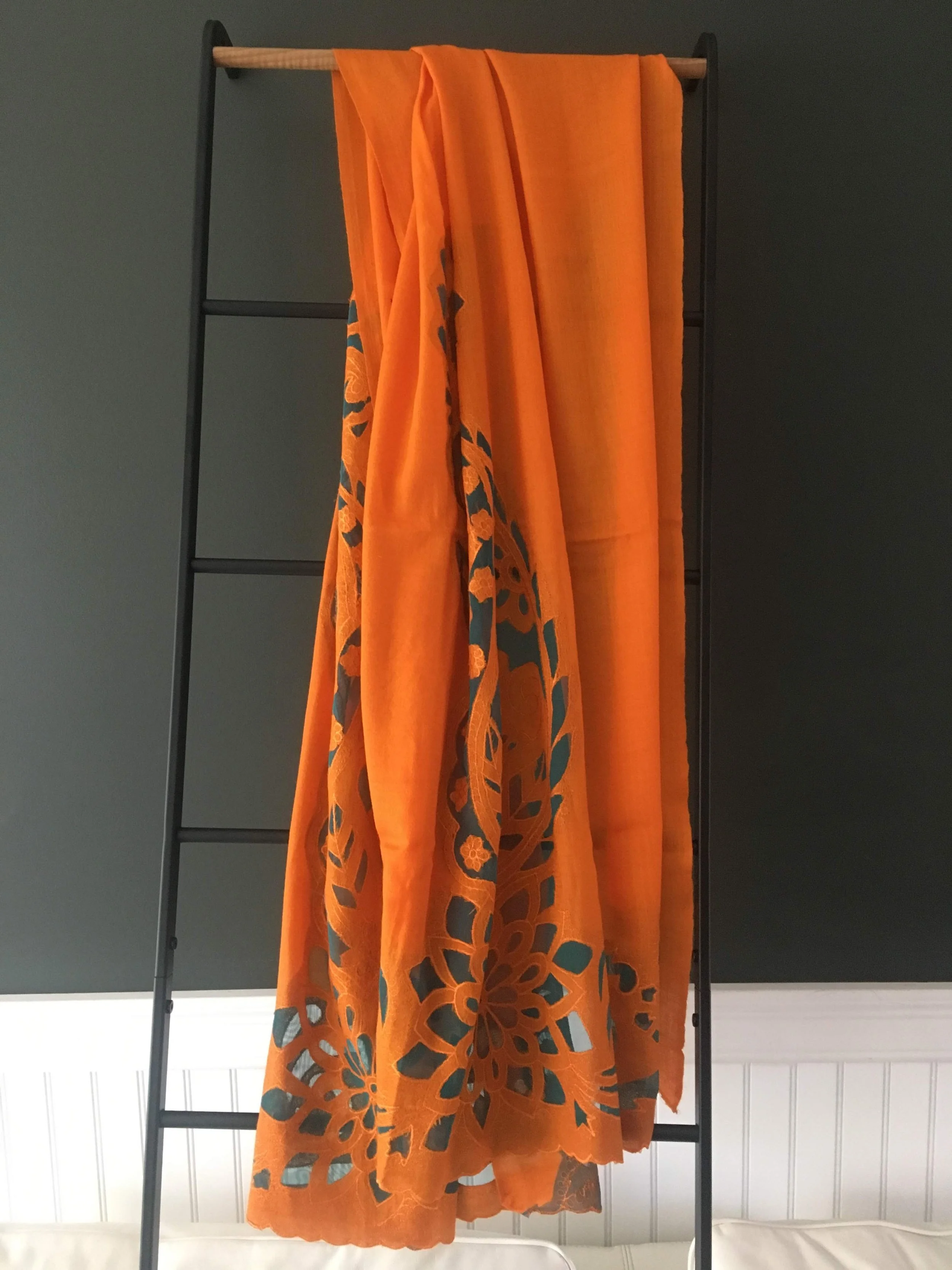 Orange and Blue Pure Cashmere Cutwork Design Shawl