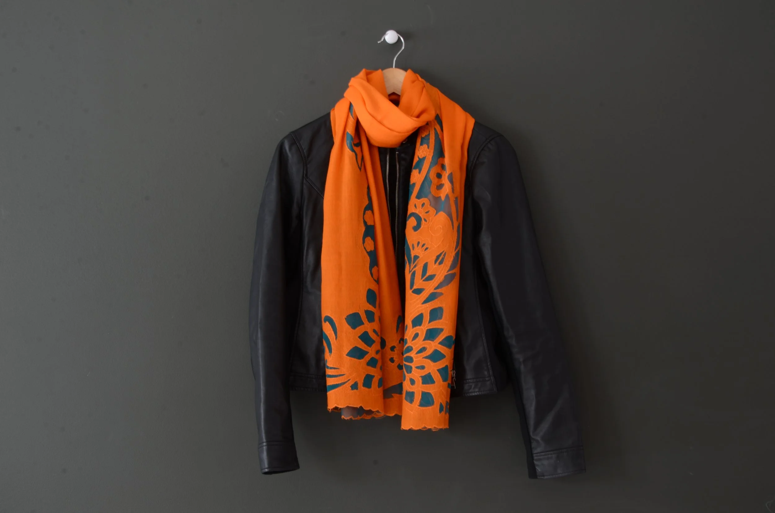 Orange and Blue Pure Cashmere Cutwork Design Shawl - Landscape