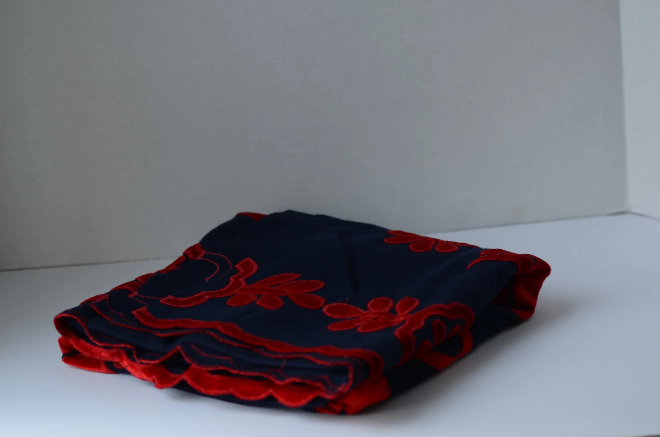 Red and Blue Pure Cashmere and Velvet Vibrant Floral Cutout Shawl - Landscape