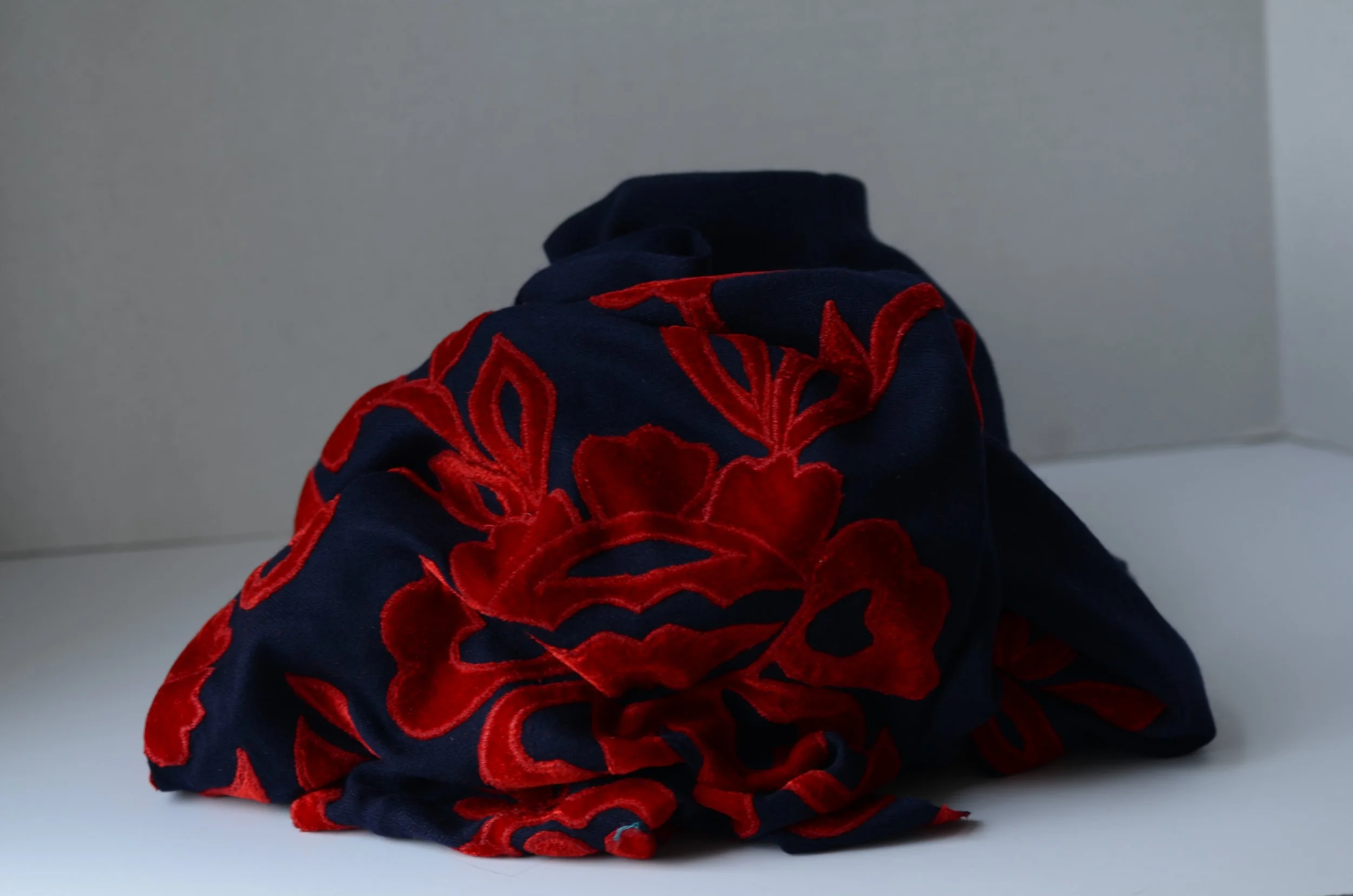 Red and Blue Pure Cashmere and Velvet Vibrant Floral Cutout Shawl - Portrait