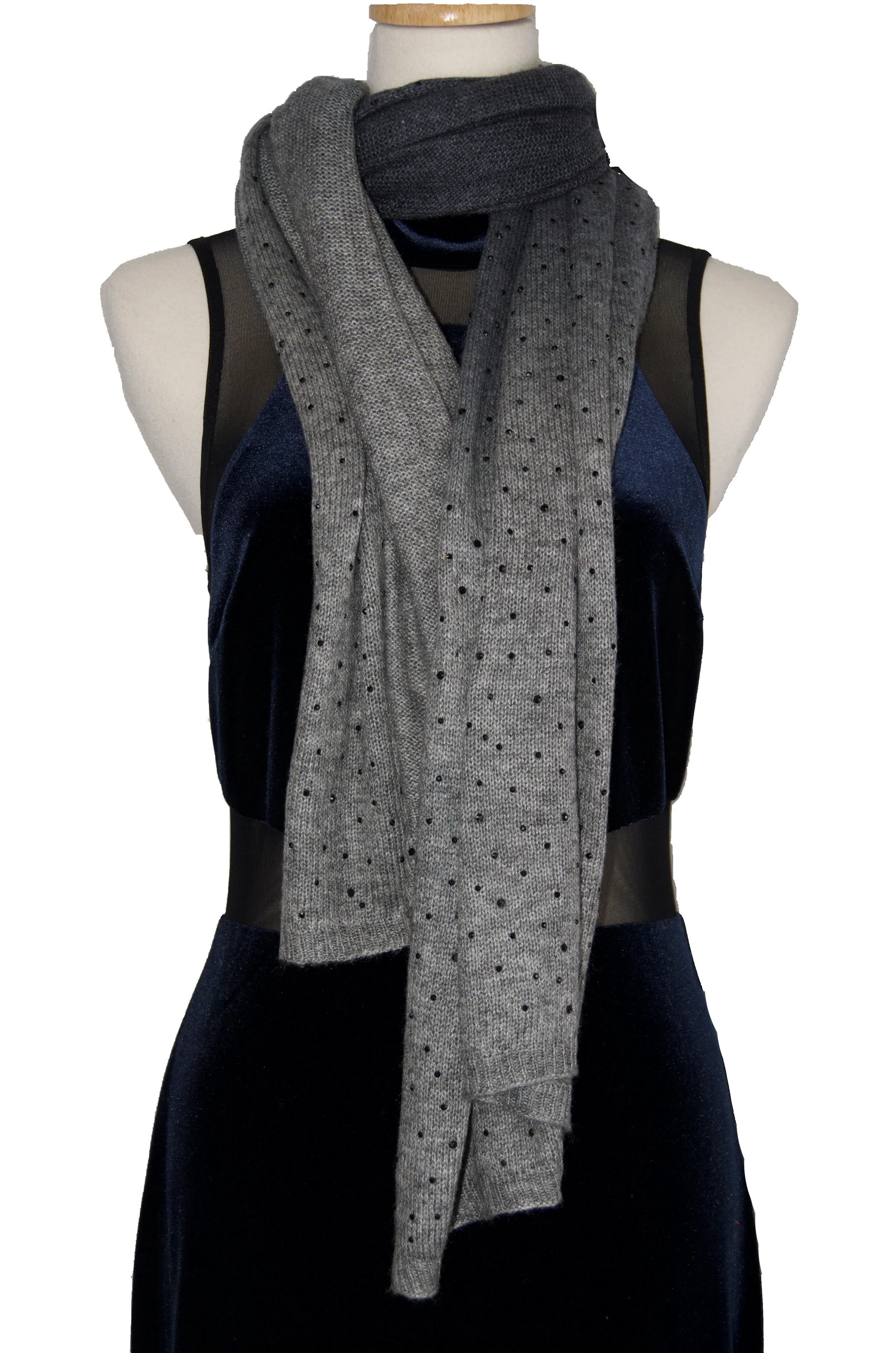 Black and Grey with Black Crystals Pure Cashmere Knit Shawl Wrap Scarf with Crystal