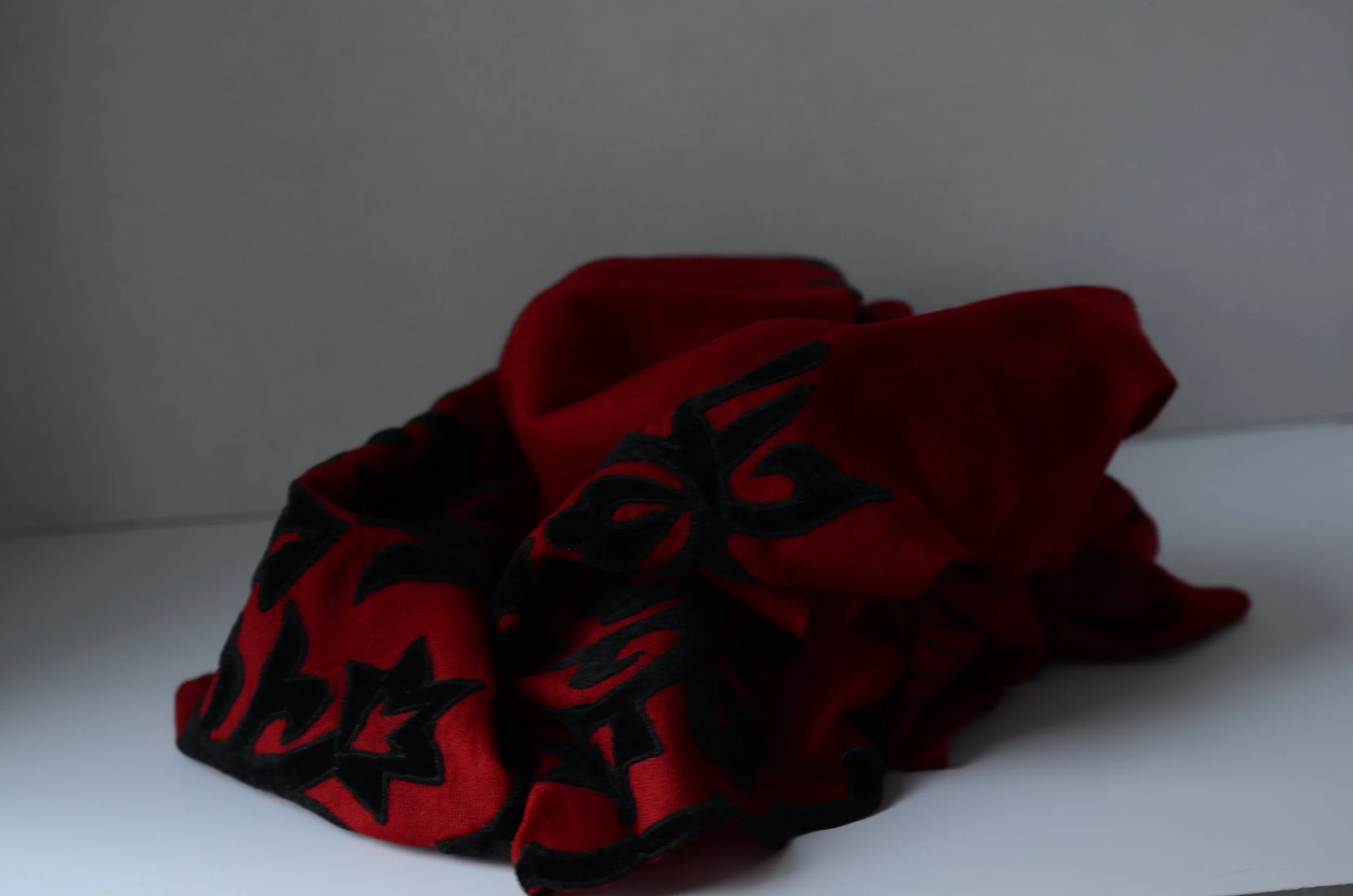 Red and Blue Pure Cashmere and Velvet Vibrant Floral Cutout Shawl - Landscape