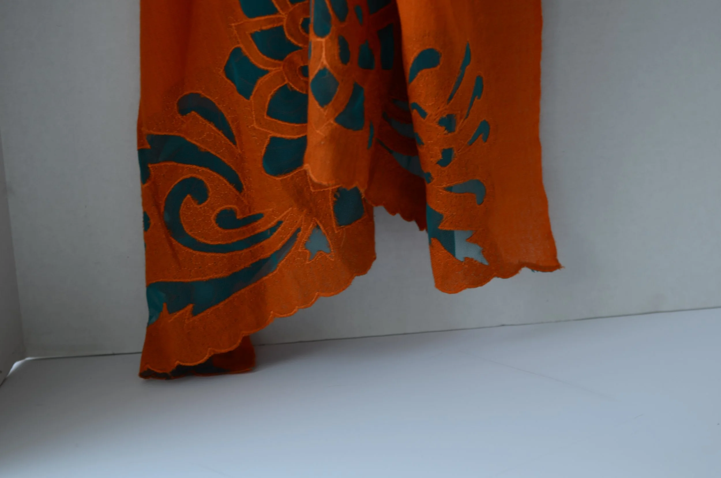 Orange and Blue Pure Cashmere Cutwork Design Shawl