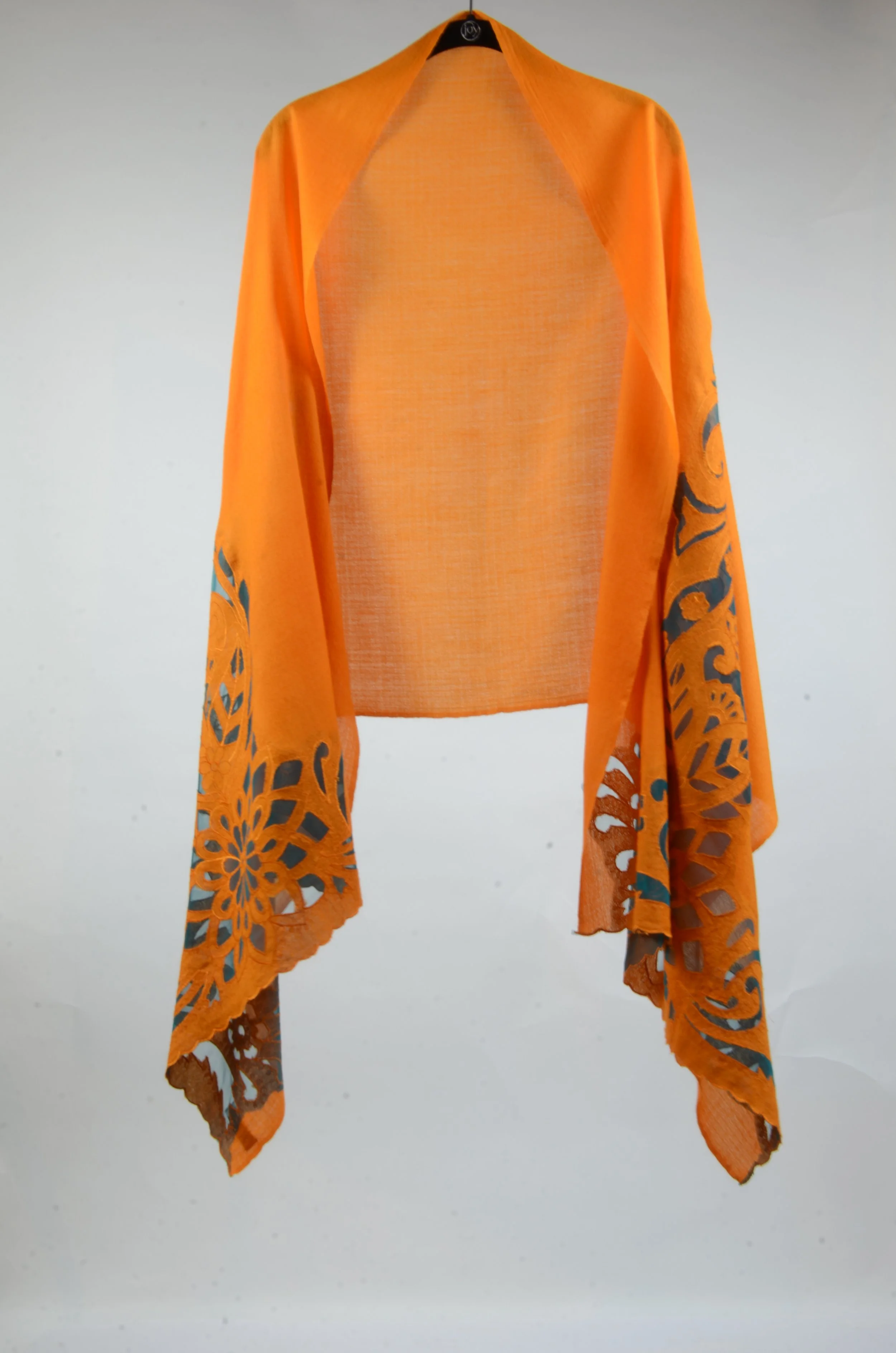 Orange and Blue Pure Cashmere Cutwork Design Shawl - Portrait