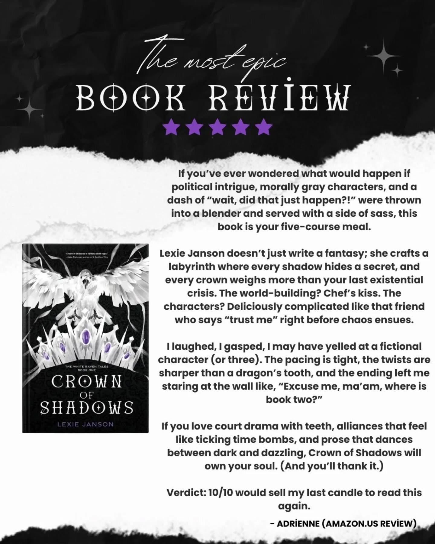 "I laughed, I gasped, I may have yelled at a fictional character (or three)." &mdash; Adrienne 🕯️🥀

Apparently, Crown of Shadows is worth selling your last candle for. As an author, seeing a reader say the pacing is "sharper than a d