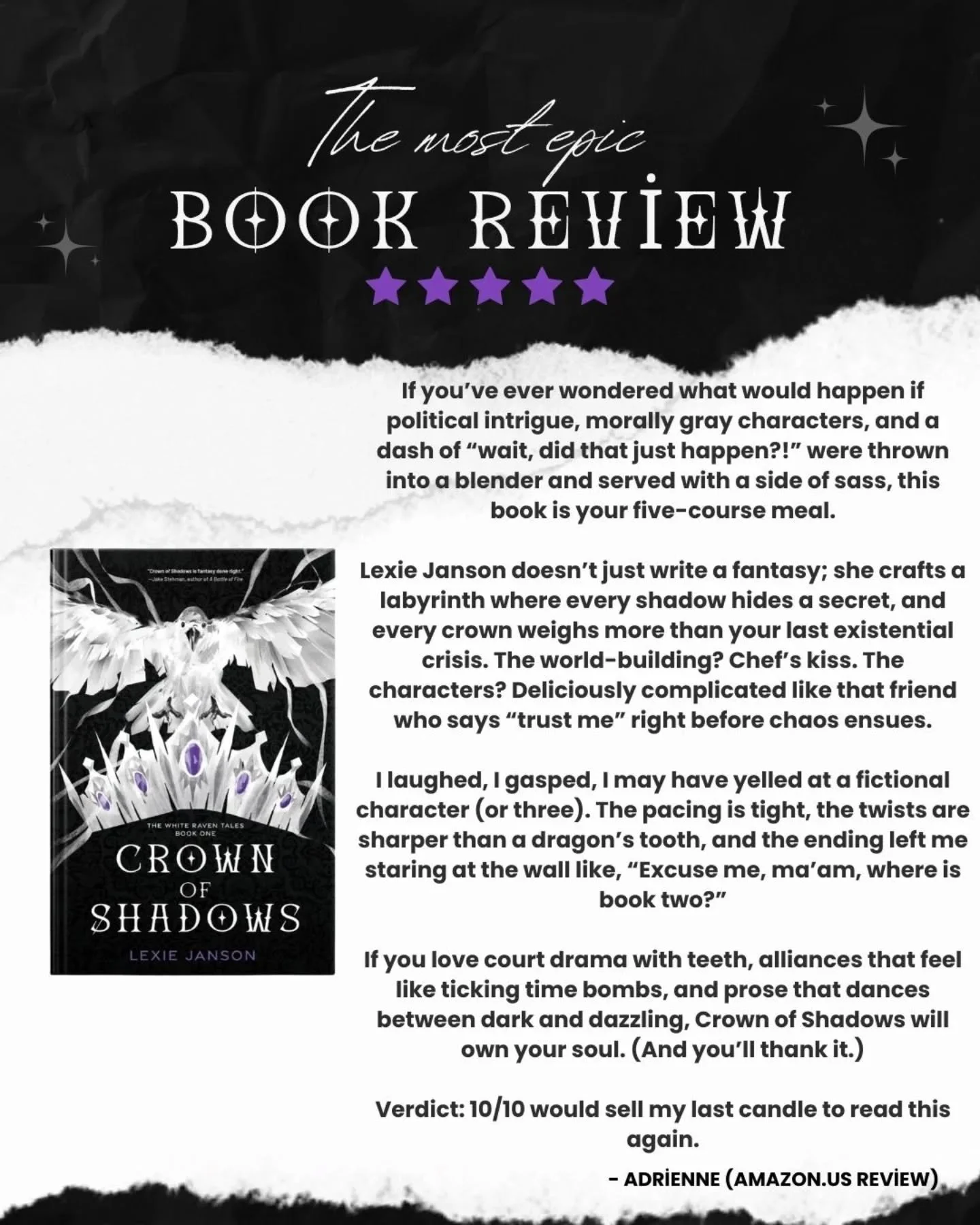 "I laughed, I gasped, I may have yelled at a fictional character (or three)." &mdash; Adrienne 🕯️🥀

Apparently, Crown of Shadows is worth selling your last candle for. As an author, seeing a reader say the pacing is "sharper than a d