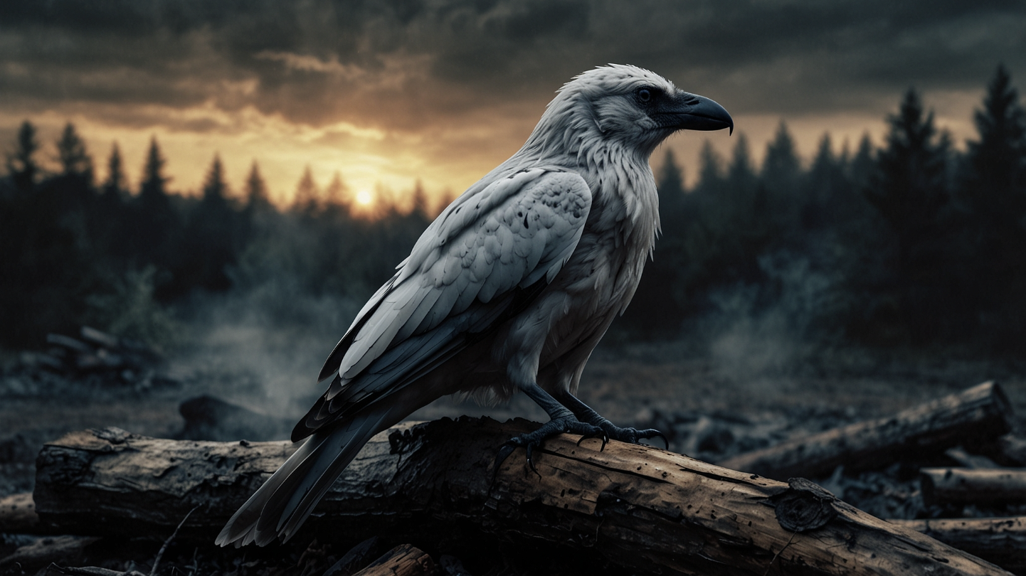 A white and gray bird, possibly a harpy eagle, perched on a log in a forest with a sunset in the background.