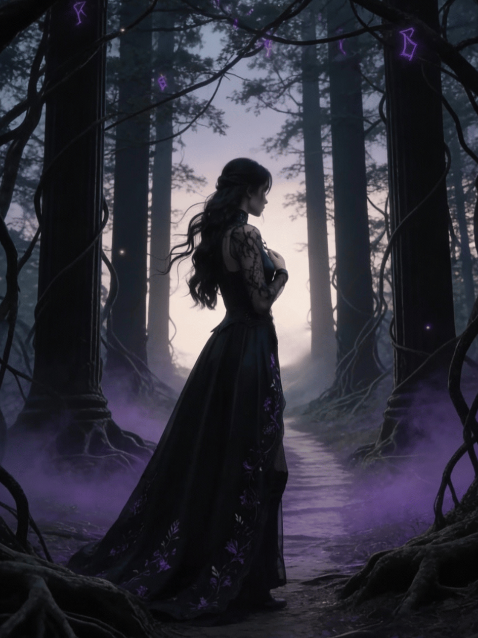 A dark goddess in a black lace dress stands in a dark, mystical forest with tall trees etched with Nordic Runes and purple mist. She is looking down with her hand on her chest, surrounded by twisted vines of a dark forest during a sunrise.