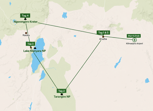 Routenkarte der 5-Tage-Safari: Arusha, Tarangire, Lake Manyara, Ngorongoro-Krater